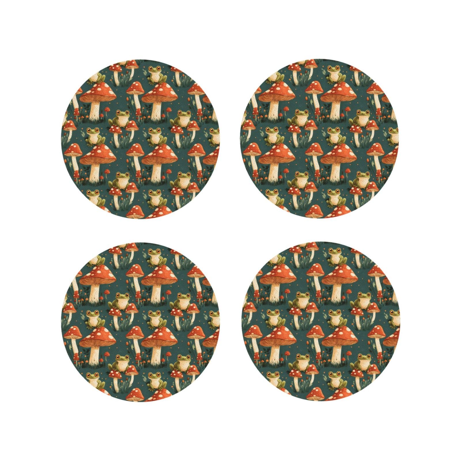 Smazdfxx Women's As Pic Leather Coasters Set Of 4 - Cute Mushroom Frogs Print Lightweight Drink Coasters For Desk