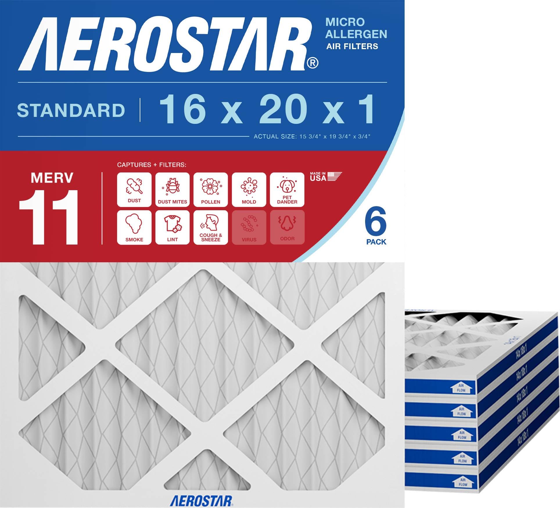 Aerostar 16x20x1 MERV 11 Air Filter, 6 Count, ACTUAL SIZE (15.50 x 19.50 x 0.75 ), HVAC, Air Conditioning & Furnace Filter for Dust, Pet Dander, Smoke & Allergies (MPR 1200 / FPR 7), Made in USA