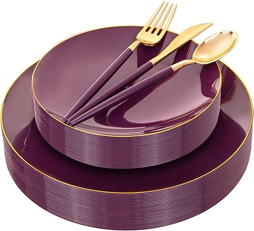 Vista 51 de Liacere 150 platos de plástico azul – cubiertos de plástico dorado con mango azul – Los platos desechables azul marino incluyen 30 platos