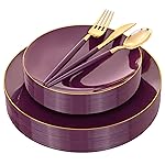 Liacere 150PCS Purple Plastic Plates - Gold Plastic Silverware with Purple Handle - Disposable Plates Include 30 Guests Plates, Forks, Spoons, Knives for Wedding&Father\'s Day&Independence Day