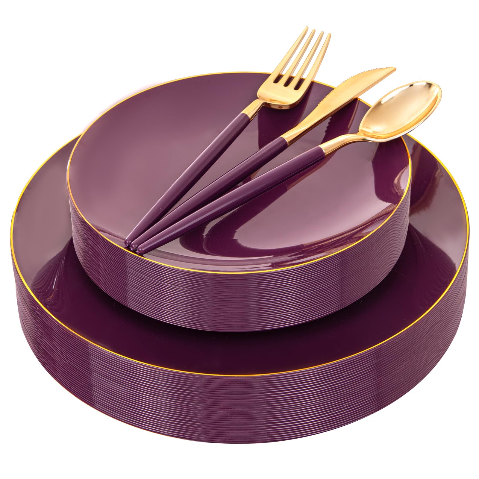Liacere 150PCS Purple Plastic Plates - Gold Plastic Silverware with Purple Handle - Disposable Plates Include 30 Guests Pl...