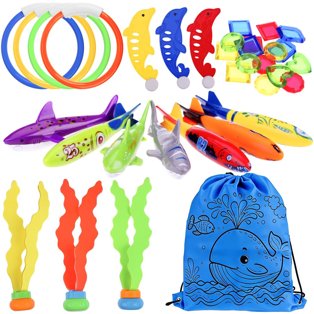 Faburo Juguetes Piscina Niños 34pcs, Juegos Piscina Niños, Juegos de Agua para Niños, Accesorios Playa o Juguetes Playa, Juego Agua en Verano, Juguete Niño para Nadar, Juguete de Buceo, Pool Toys