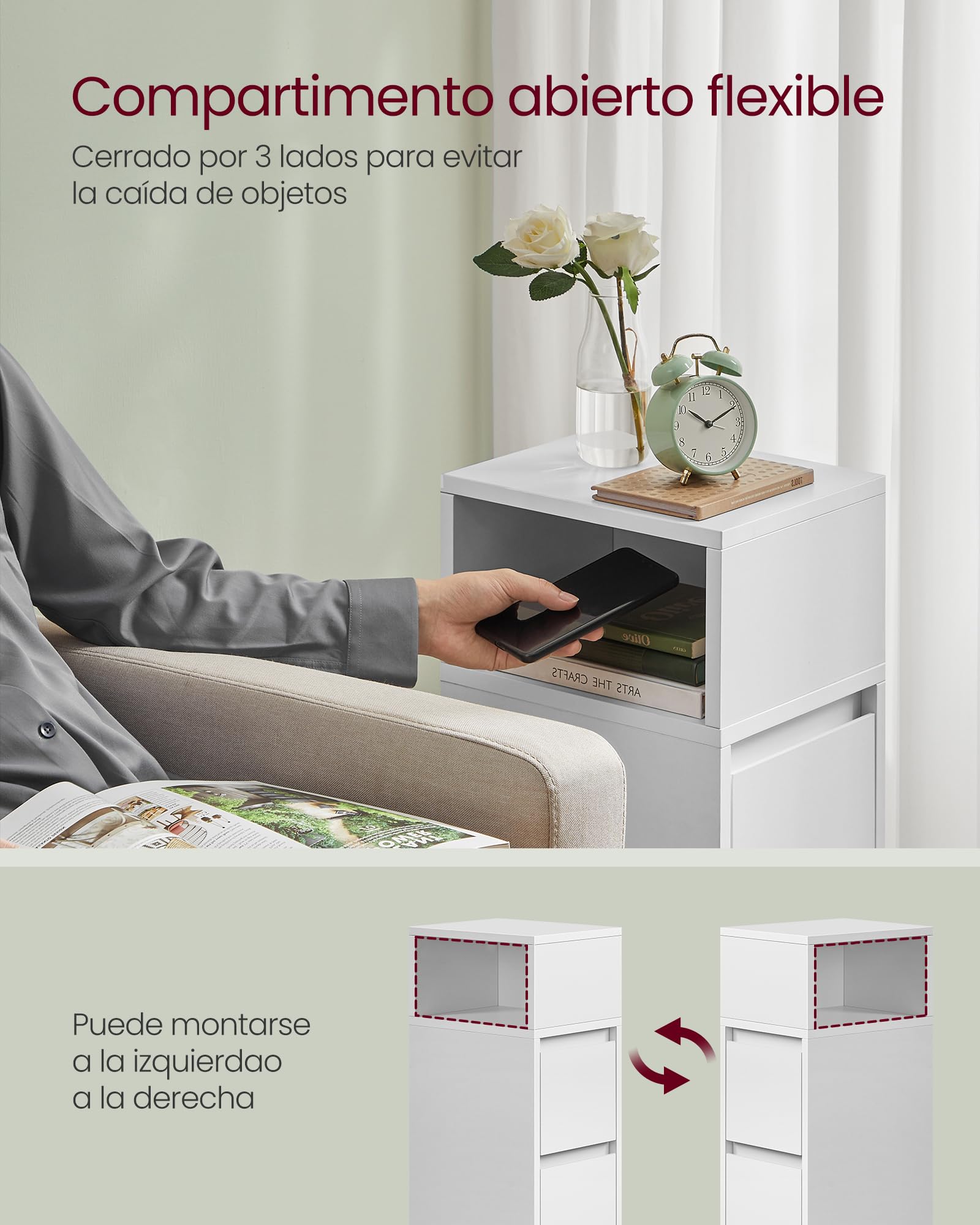 VASAGLE Kailyn Colección - Mesita de Noche Estrecha, Mesa Auxiliar con 2 Cajones y Compartimento Abierto, Encajable a la Izquierda o a la Derecha, Dormitorio, Salón, Blanco Nube LET656W01V1