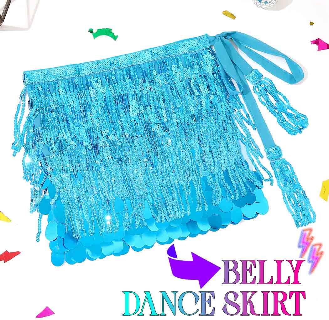 Zoestar Sparkly Sequin Skirts Rave Fringe Belly Dance Skirt Mermaid Costume Outfit for Women