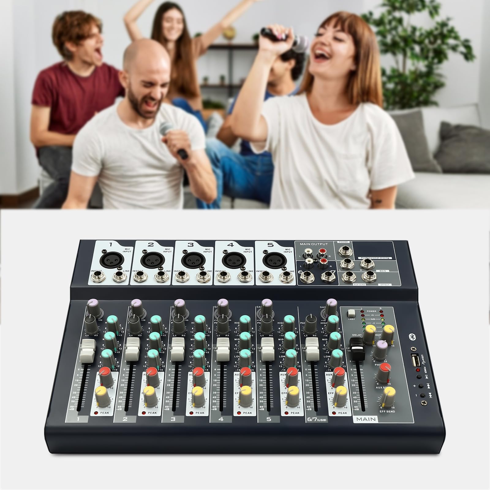 Mixer audio digitale DJ mixer per musica PC con 7 canali e connessione Bluetooth per studio e casa, ideale per musicisti e podcaster