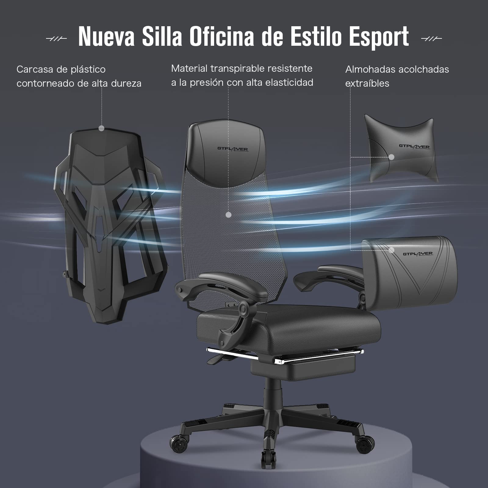 GTPLAYER Silla Gaming Reposapiés Oficina Gamer Silla Escritorio Ergonómica Ordenador con Altura Ajustable Reposabrazos Sincronizado y Cojín Lumbar Engrosado Respaldo Reclinable(Negro)