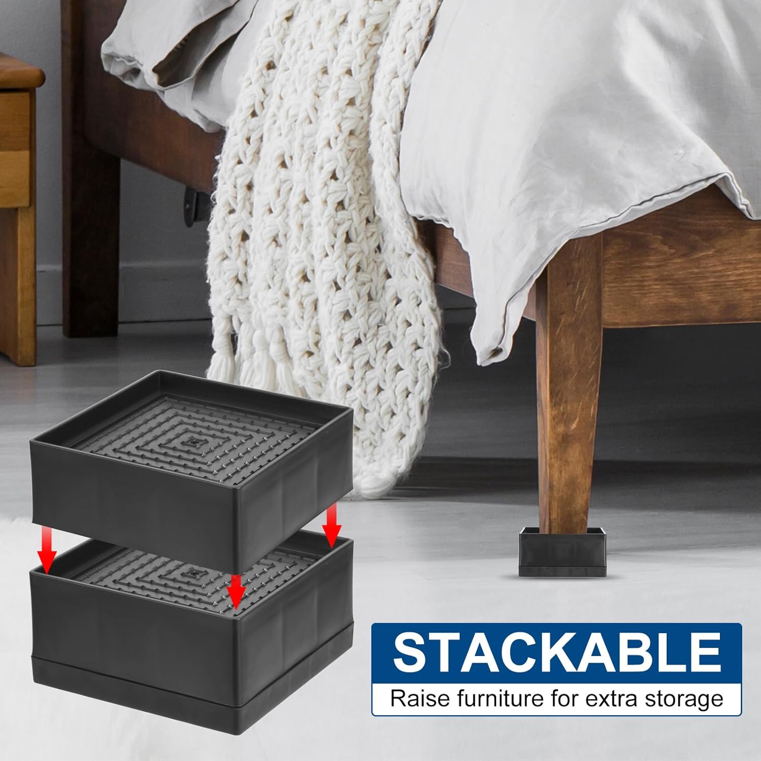 uxcell Bed Risers 4Pcs, 5.5 Inch Furniture Risers Square Adjustable Couch Riser with Non-Slip Mat for Bed Desk Sofa Table Lift Supports Up to 1300Lbs, Black