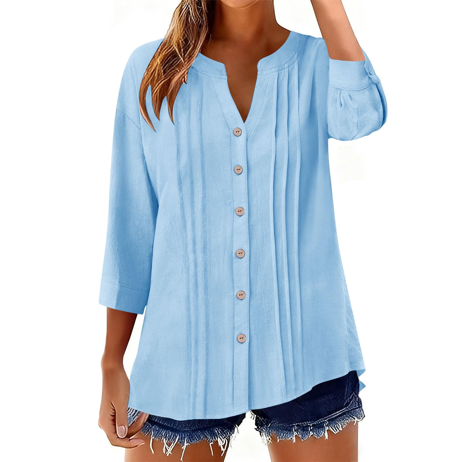 Top casual da donna, camicia a 3/4 con bottoni sul davanti, scollo a V, camicetta allentata plissettata con cintura in vita con scollo a V a pieghe camicia rilassata