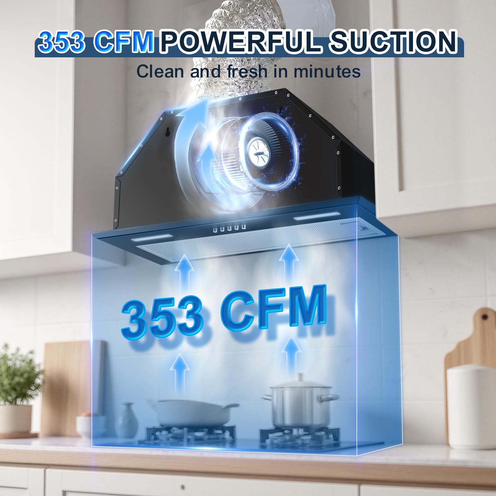 Insert Range Hood 24Inch, Built-in Kitchen Hood with 353 CFM, 3-Speed Vent Hood with Push Button Control LED Lights, Metal Filter, Suitable for Home kitchen, Compact Kitchen, Apartments - 4