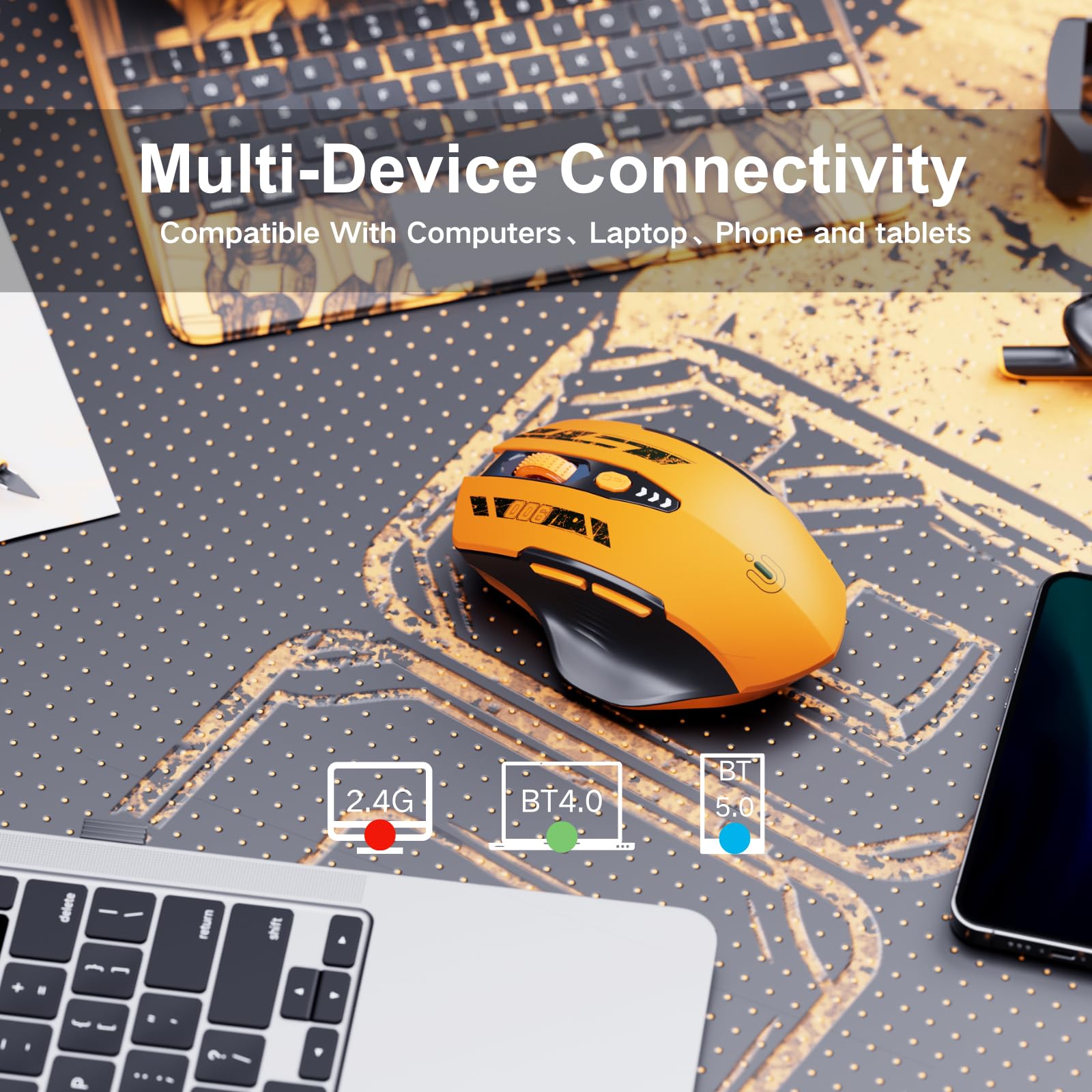 Uineer mouse wireless, [Aggiornato] mouse bluetooth multi-dispositivo, Livello batteria visibile, Tri-mode (BT 5.0/4.0+2.4G Hz) Mouse ergonomico ricaricabile, 4 DPI regolabili, mouse senza fili,giallo