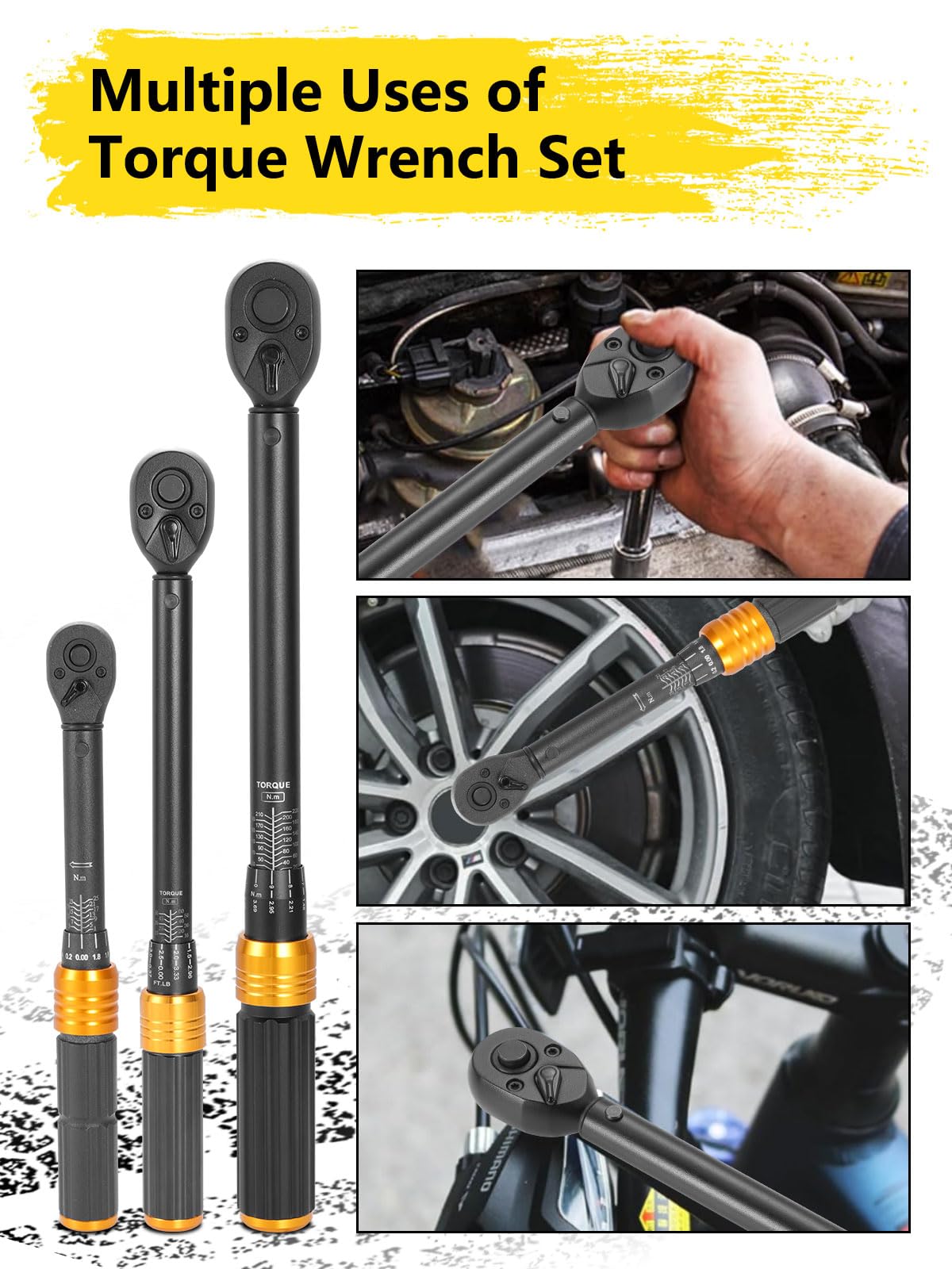 Juego de llaves dinamométricas de 3 piezas (1/4", 3/8", 1/2"), carraca de 72 dientes, ± 3% de precisión con 3 extensiones y 2 adaptadores – Herramienta profesional para bicicleta, moto, coche