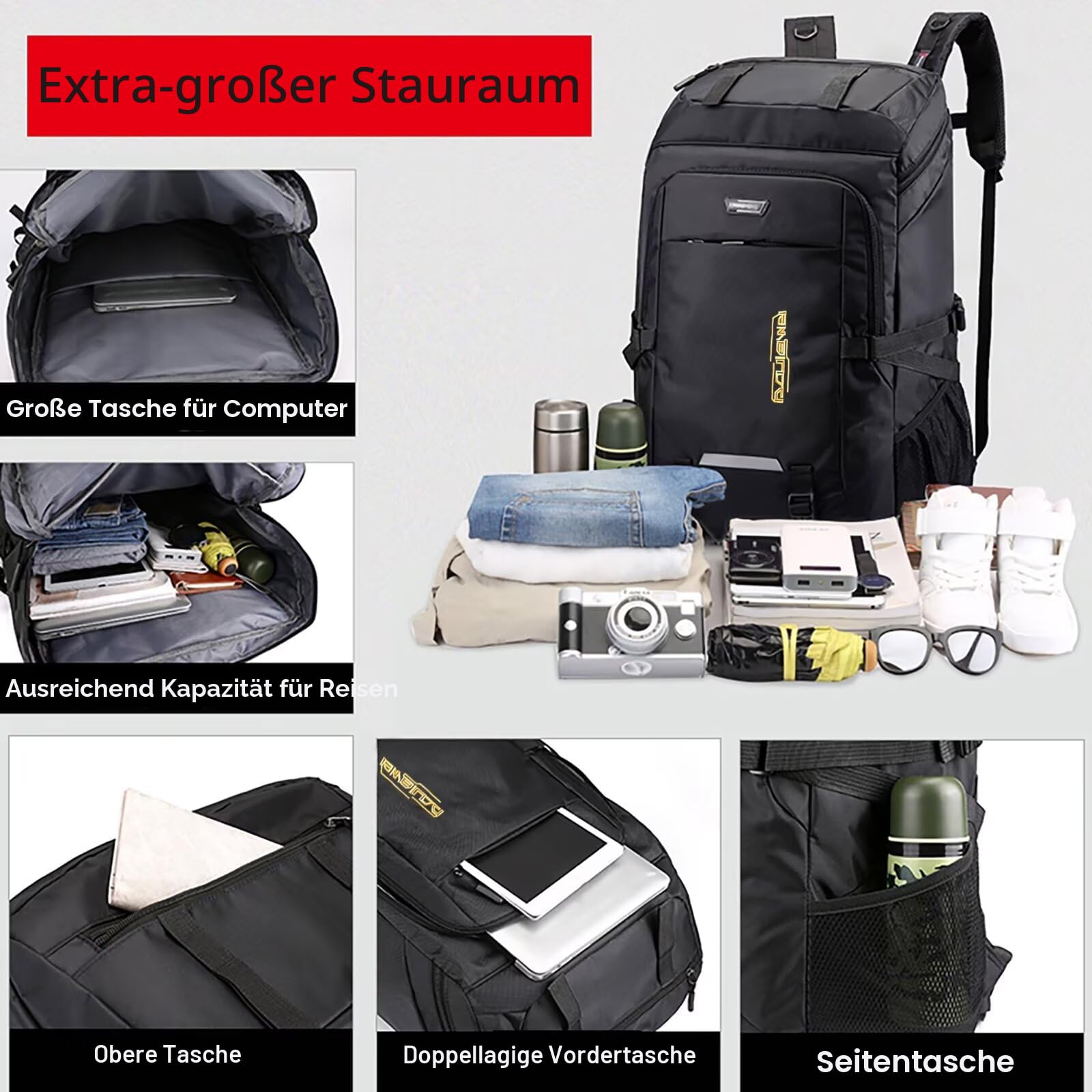 80L Wanderrucksack Wasserdicht Camping Rucksack Schwarz Wandern Tagesrucksack Reiserucksack für Damen und Herren Großer Rucksack für Touring Klettern Outdoor Sport