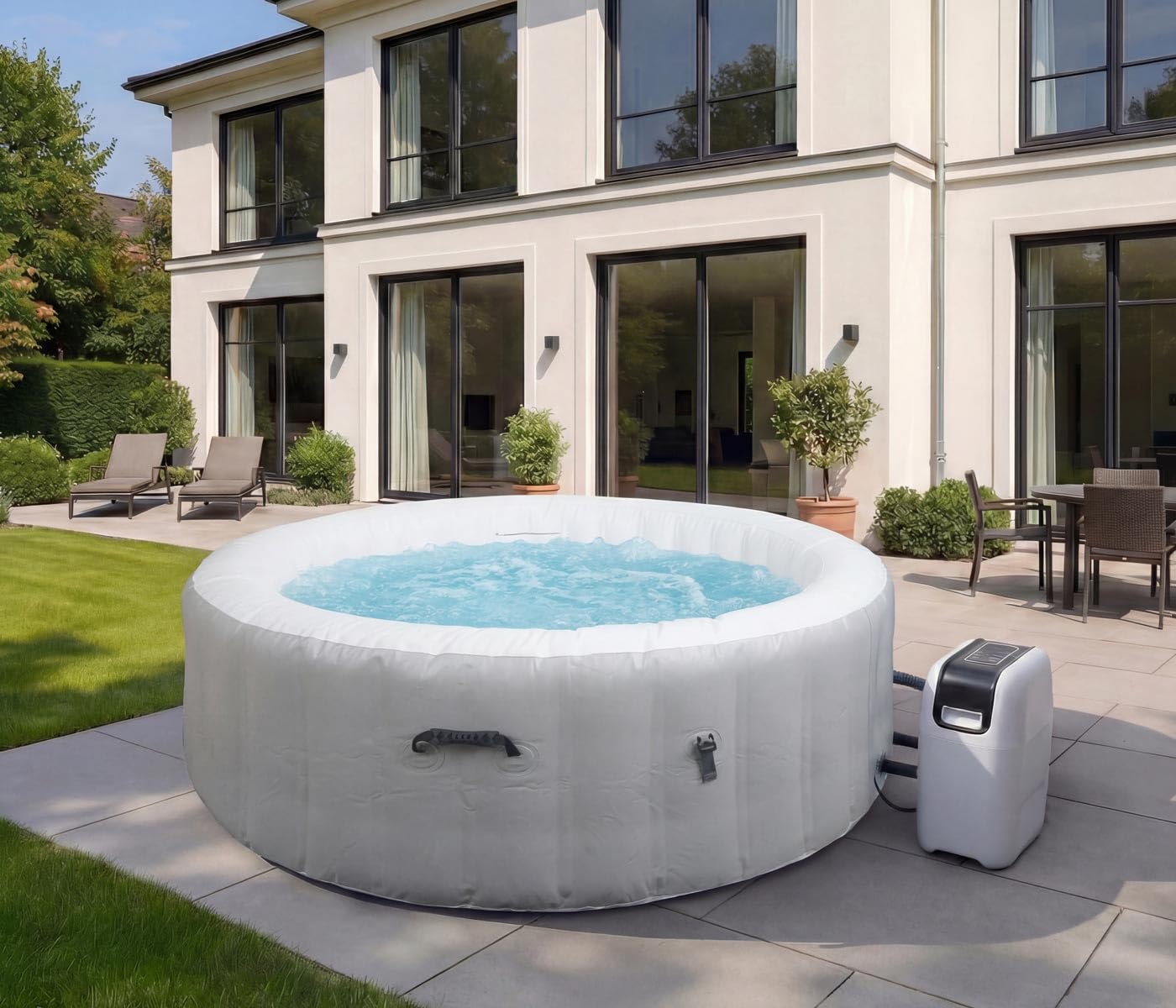 Mendler Whirlpool HWC-N97, 4 Personen, In-/Outdoor heizbar aufblasbar Pumpe PVC laminiert, rund Ø 180cm - grau-weiß
