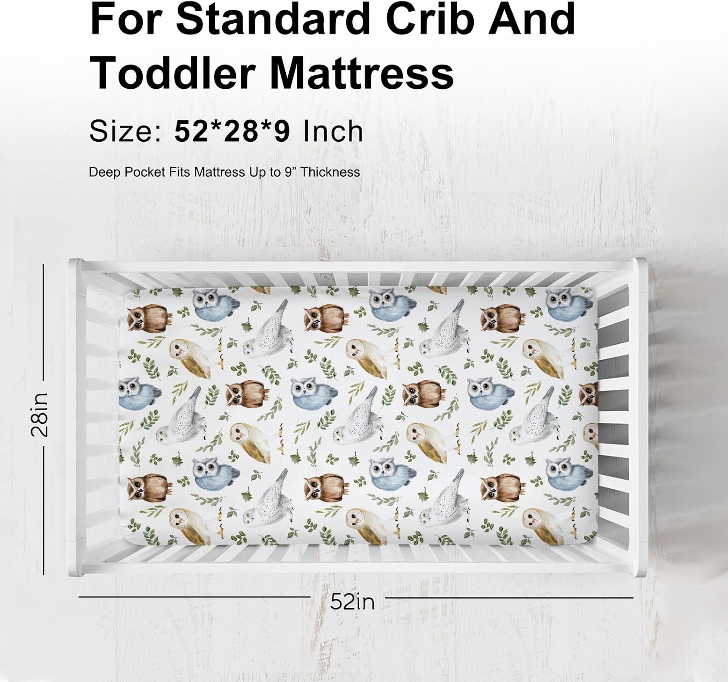Watercolor Owls Green Leaves Baby Fitted Crib Sheet for Boy Girl 52"x28" Owl Birds Boho Leaves Soft Crib Mattress Cover Breathable Baby Bed Sheets for Standard Crib and Toddler Mattresses
