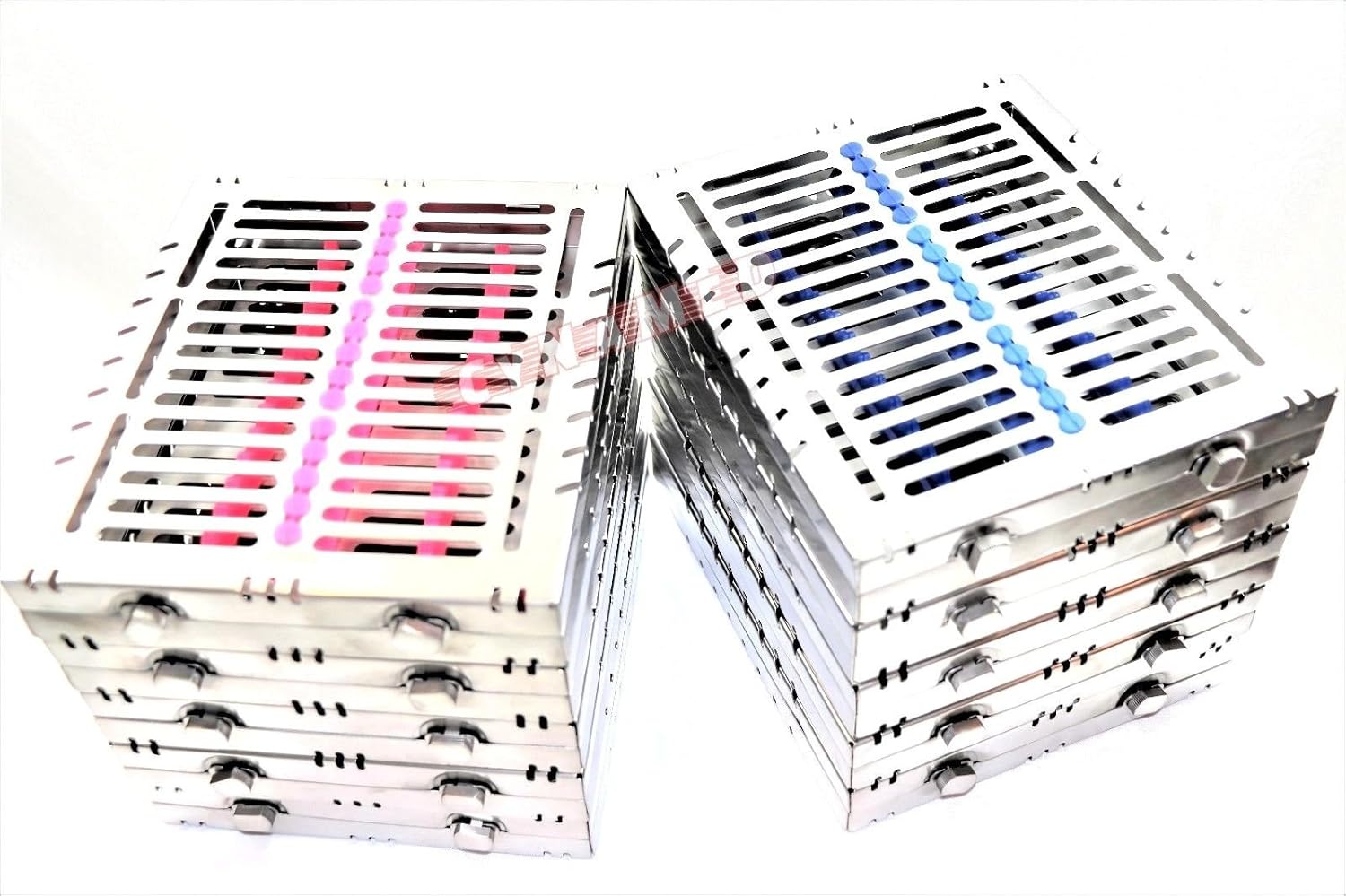 10GERMAN Dental Autoclave Sterilization Cassette Tray for 15 Instruments 8.25X7.25X1.25" Blue/Pink CYNAMED
