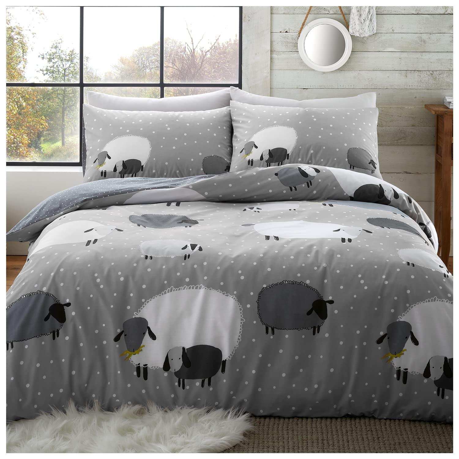 GC GAVENO CAVAILIA Luxury Animal Bedding Single, Sheep Duvet Cover Set With Matching Pillowcase, Reversible Polka Dot Sheeps Bedset, Polycotton Quilt Covers Set, Grey