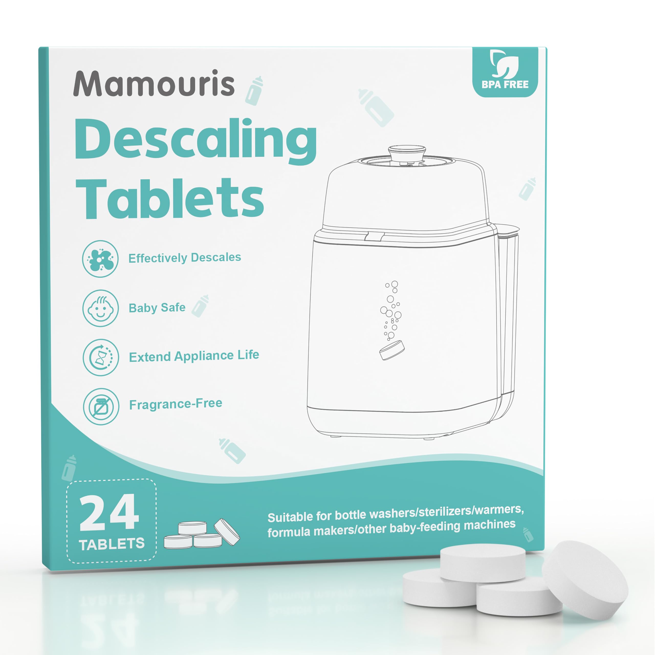 Photo 1 of **Factory Sealed** Mamouris Descaling Tablets for Baby Bottle Washer, Compatible with Baby Brezza, Momcozy, Papablic Bottle Washer, Warmer, Sterilizer & Formula Maker, 24 Count Detergent Tablets