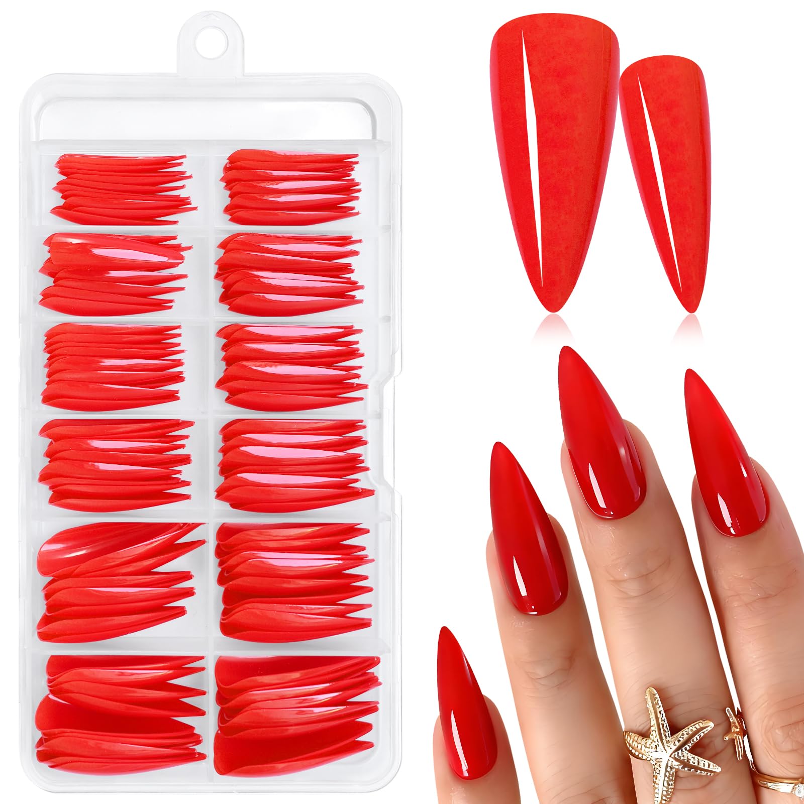 Photo 1 of AddFavor Long Stiletto Press on Nails Nude Red Fake Nails, 120pcs Full Cover Nails Press ons Artificial False Nail Tips 12 Size Glue on Nails for Women Girls