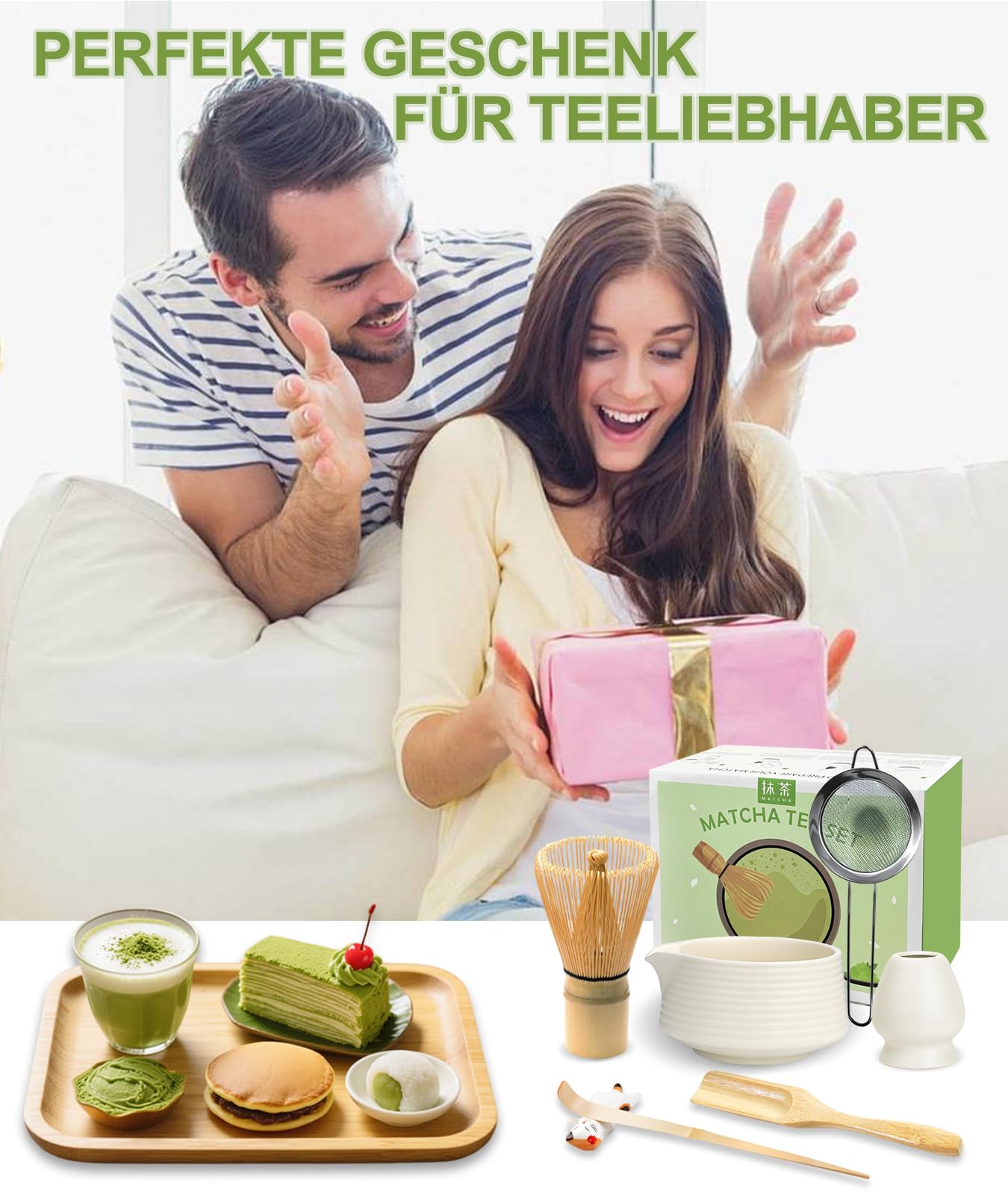 JBER Zestaw do matcha 7-Częściowy - Bambusowy mikser do matchy, ceramiczna miseczka z nalewką, sitko do matchy - Kompletny zestaw do herbaty matcha, Beżowy Biały