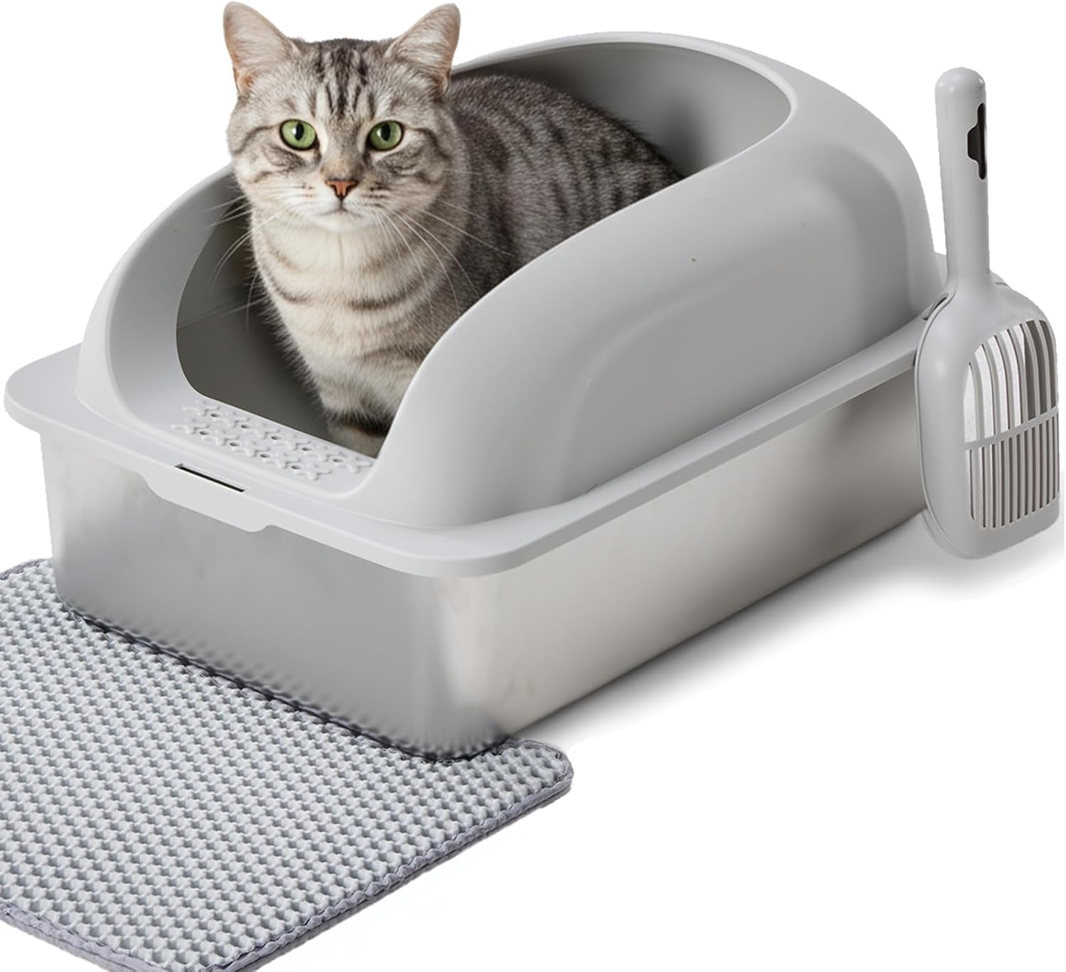 Simple Deluxe XL Stainless Steel Litter Box with Lid, Extra Large Cat Litter Box for Big Cats, High-Sided Anti-Leakage Metal Litter Tray, Non-Stick Bottom, Easy to Clean, Light Gray