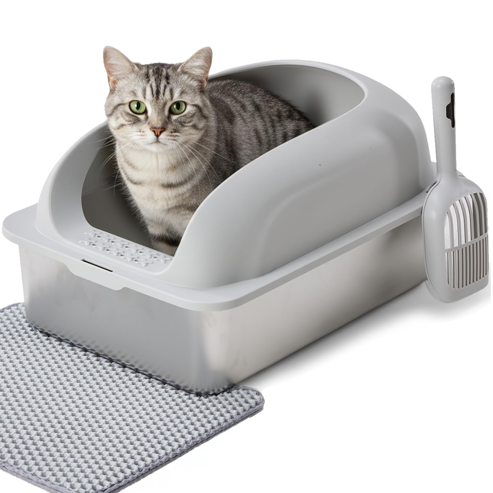 Simple Deluxe XL Stainless Steel Litter Box with Lid, Extra Large Cat Litter Box for Big Cats, High-Sided Anti-Leakage Metal Litter Tray, Non-Stick Bottom, Easy to Clean, Light Gray