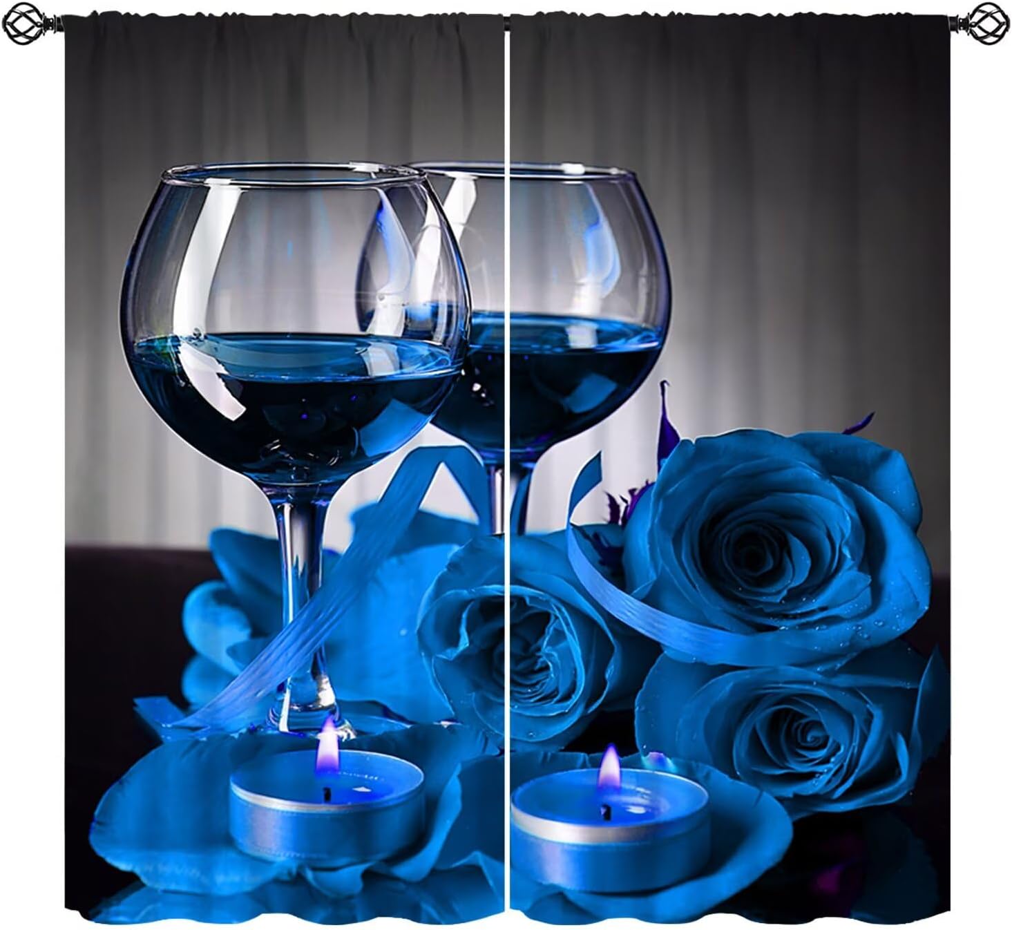 Blue Rose Wine Kitchen Curtains,Teal Floral Women Romantic Valentine Blossom Lover Decor Rod Pocket Window Treatments for Country Bedroom Living Room Kitchen Cafe Dining Drapes 41" W X 45" L