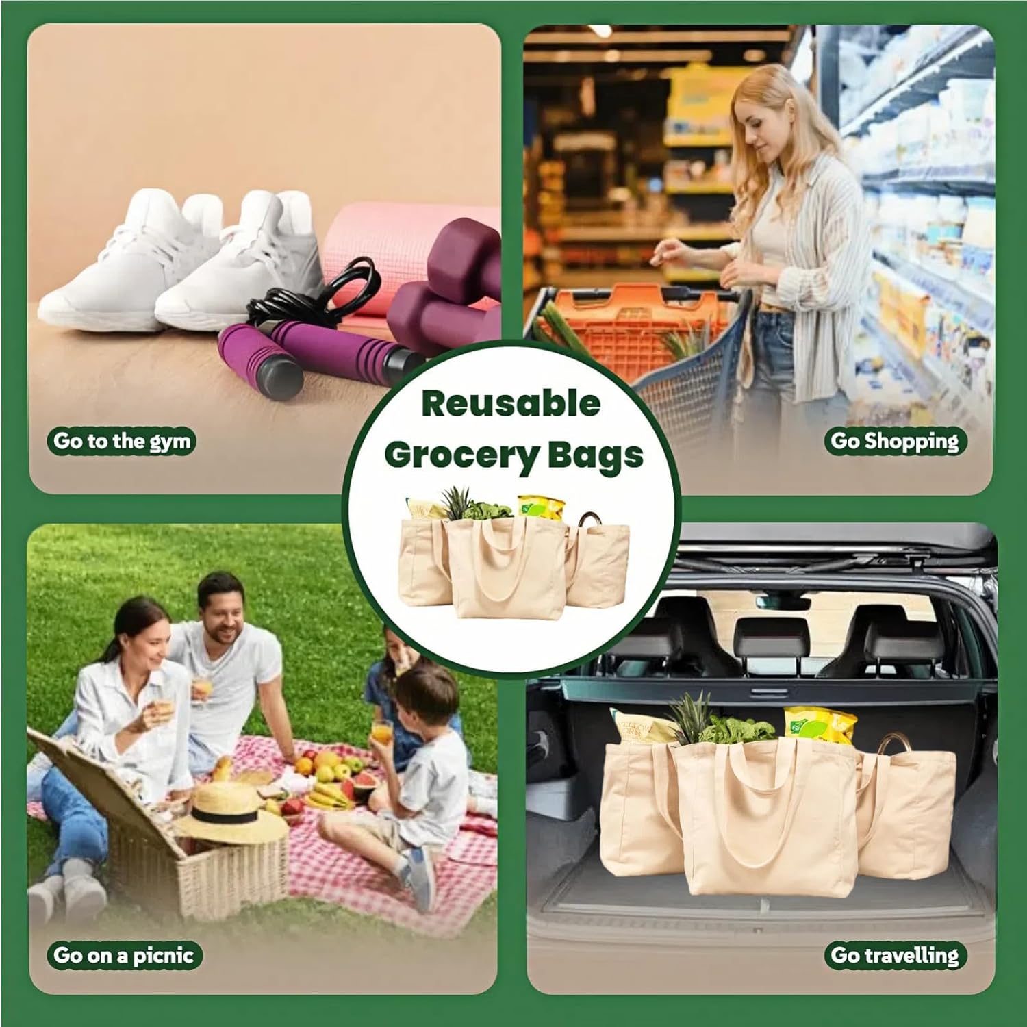 Canvas Grocery Bag 3 Pack, Reusable Grocery Bags with Long Shoulder Strap and Short Handle | Heavy Duty Canvas Grocery Bag | Foldable & Washable | Idea for Home & Shopping - Image 5