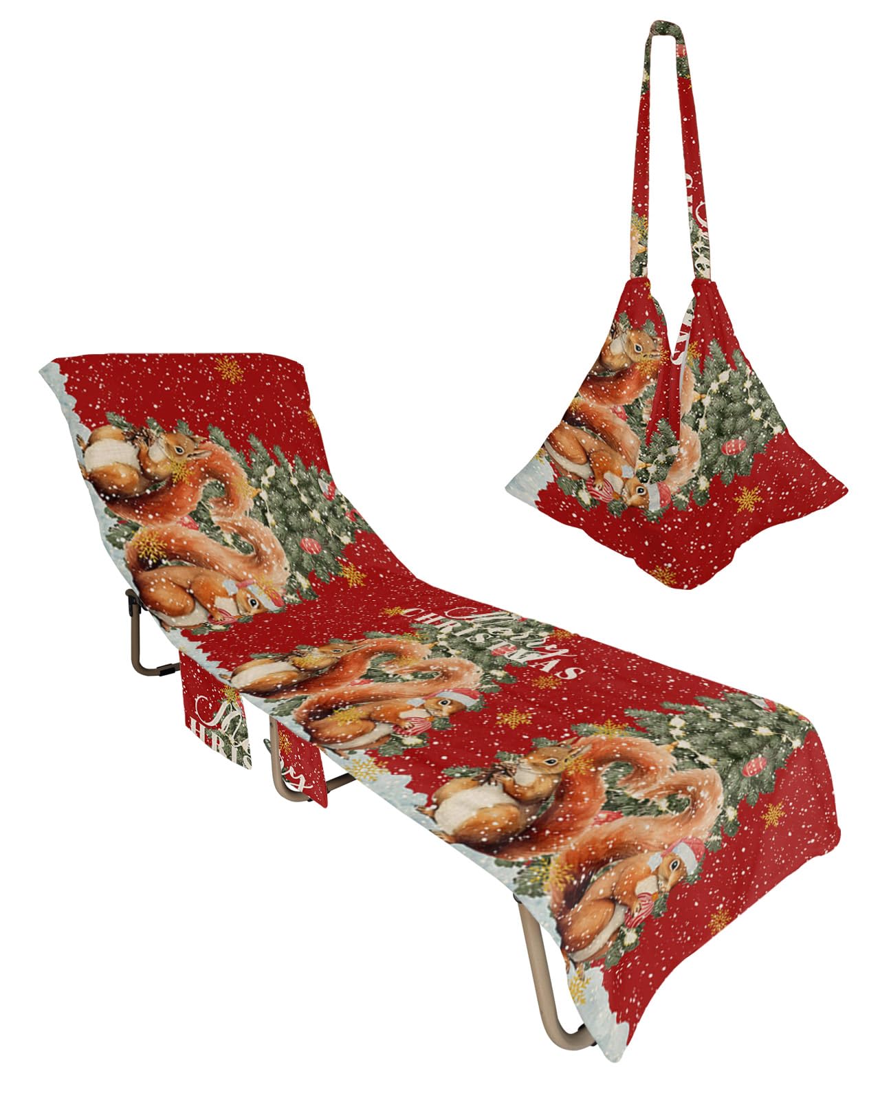 Red Squirrels Christmas Beach Lounge Chair Towel Cover, Soft Chaise Lounge Towel with Side Pockets Patio Pool Chairs Cover for Beach/Pool Sunbathing 29x85 Winter Snowflake Xmas Tree