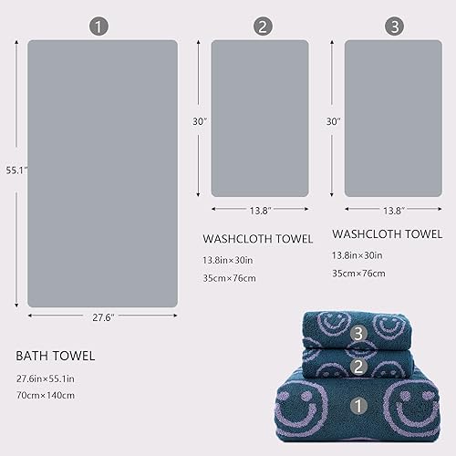 Miniatura 4 de Juego de toallas de baño de lujo con cara sonriente para baño, 1 toalla de baño, 2 toallas de mano, 100% algodón, ultra suave, altamente absorbente,