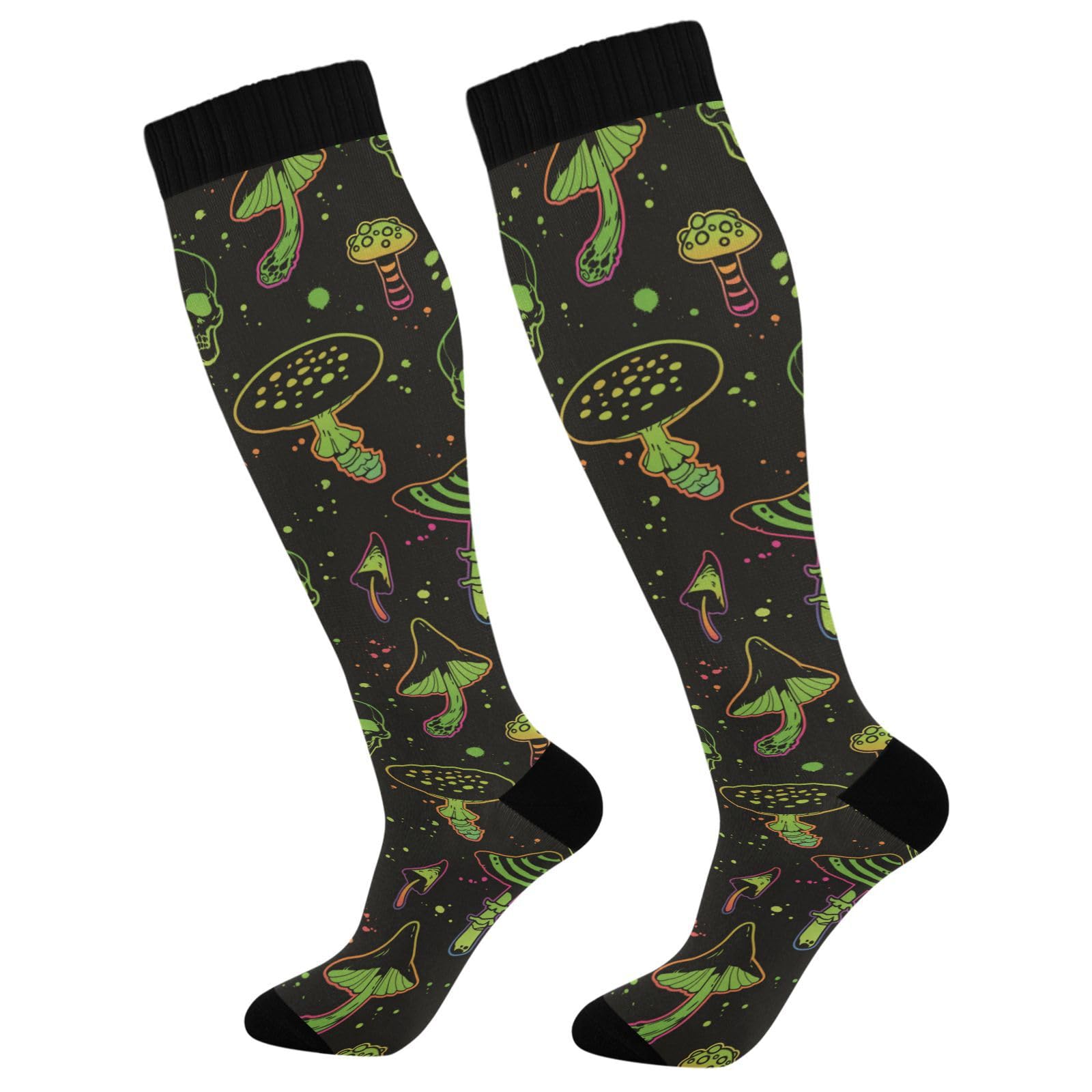 Compression Socks for Men Women Circulation Sport Knee High Socks Support for Athletic Running Hiking Cycling Fitness Travel Nurse Woodland Witchy Mushrooms Skull Happy Halloween