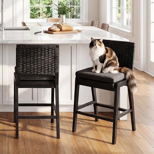 Miniatura 10 de DUOMAY Juego de 2 taburetes de bar de ratán, taburetes de bar tejidos de 27 pulgadas con respaldo, moderna silla de cocina tapizada de lino, silla