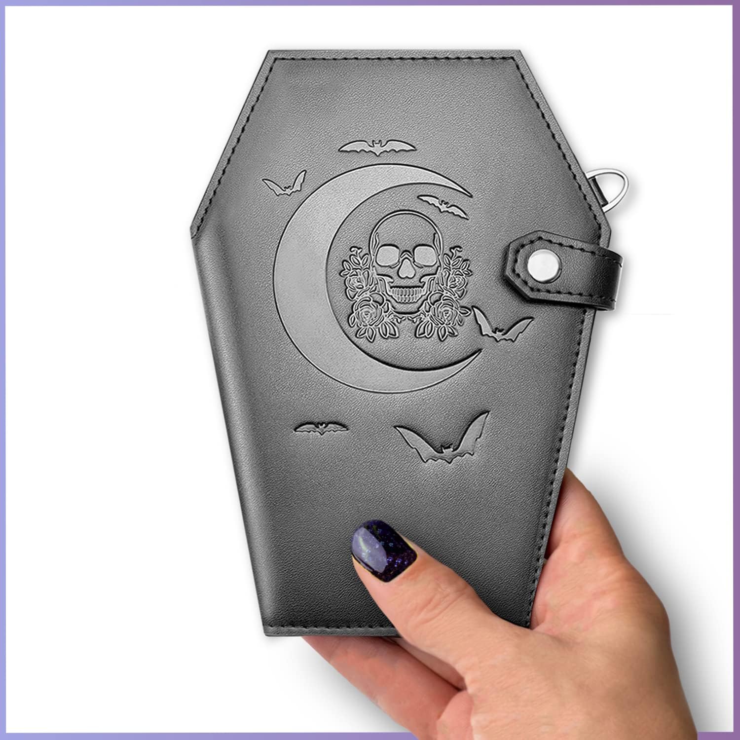 Lazy Skull Large Coffin Wallet – Horror Coffin Purse – Spooky Goth Skull Wallet for Women – Gothic Moon Wallet with Zipper – Snap Closure Witch Wallet– Halloween Witchy purse - Image 6