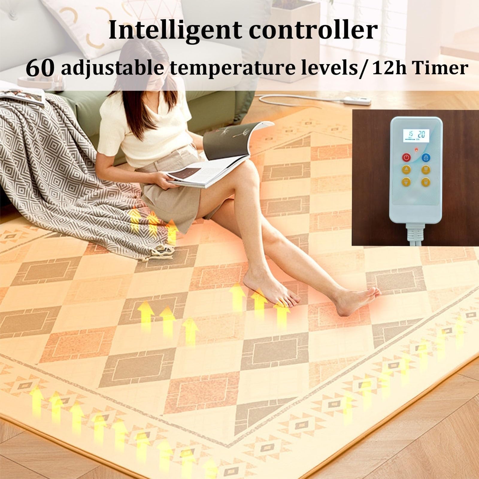 Tappetino riscaldante in grafene, tappeto elettrico riscaldante | Temperatura regolabile e timer, ampio tappeto morbido per camera da letto, ufficio e sala giochi(A,104x204cm)