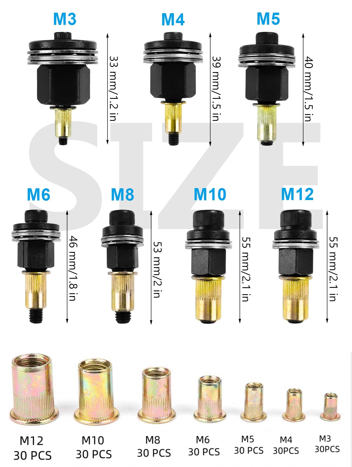 217 Piezas Remachadora Manual de Cabezales Kit, Tuerca de Remaches, Contiene 210 Tuercas, Mandril de Herramienta Remachadora, para M3/M4/M5/M6/M8/M10/M12 Alicates de Remachar
