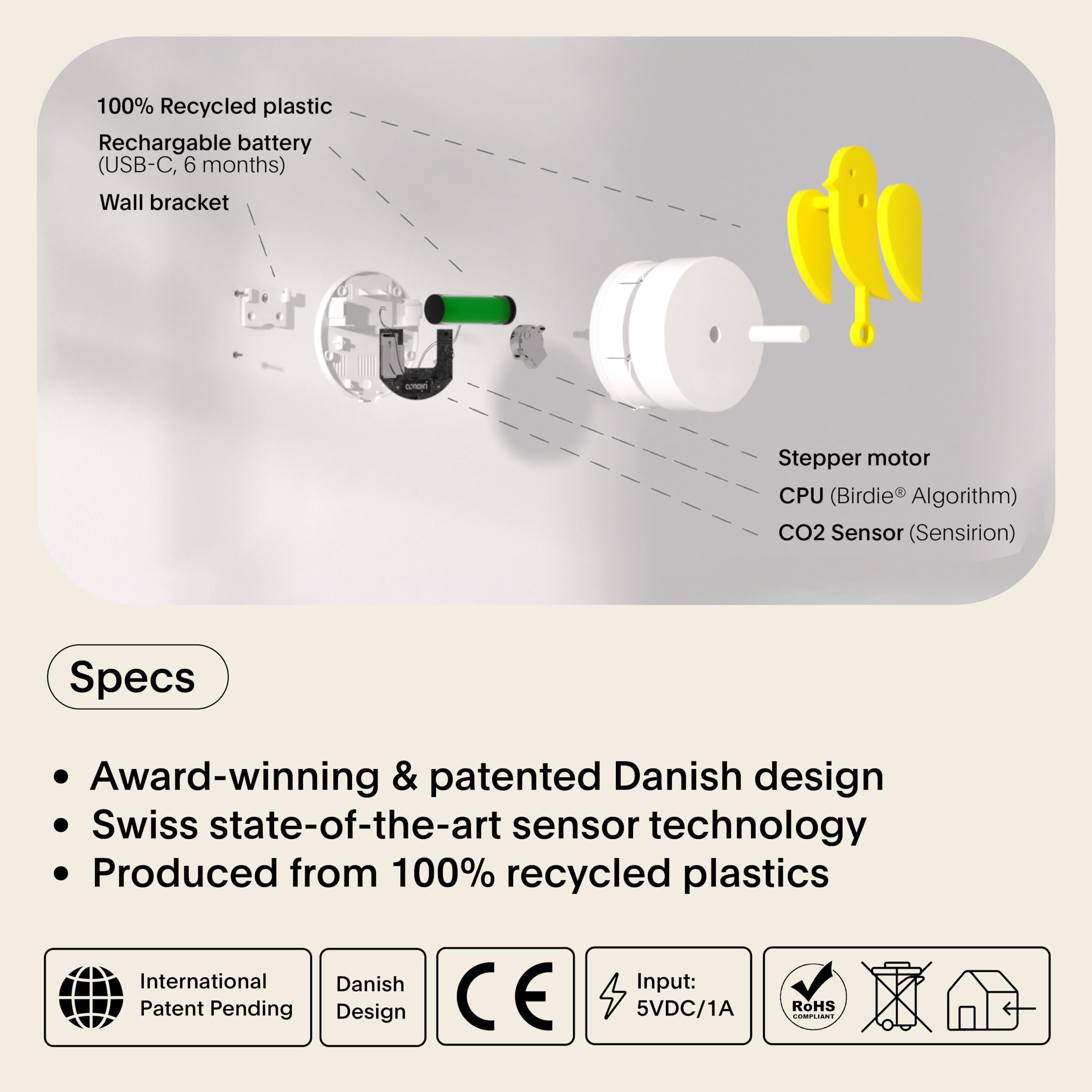 Birdie 2.0 - Design Moniteur de CO2 intérieur Appareil de Mesure de la qualité de l'air pour la Maison et Le Bureau - Réduit Les Risques pour la santé grâce à Un air Pur (Jaune, Birdie Complet)