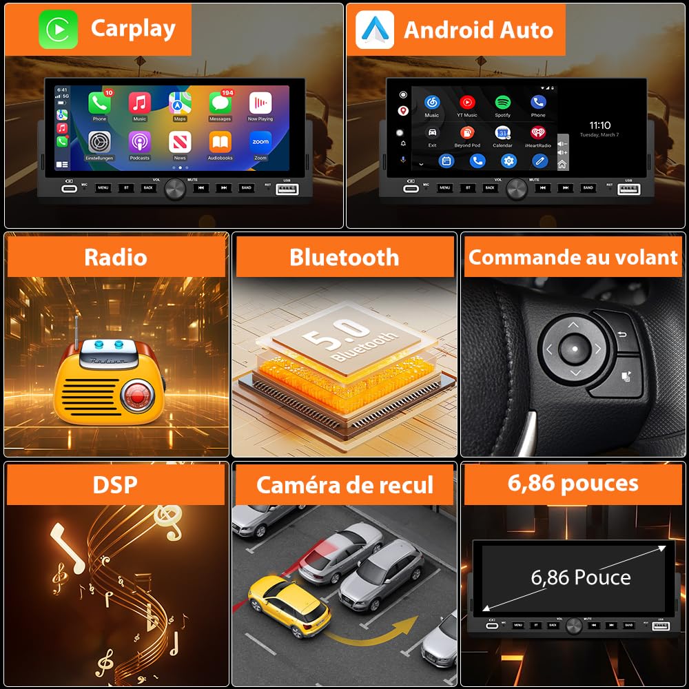 AWESAFE Autoradio Carplay 1 DIN avec CarPlay & Android Auto/6.86" Écran HD/FM, USB/Type-C/Caméra de Recul/Commande Vocale