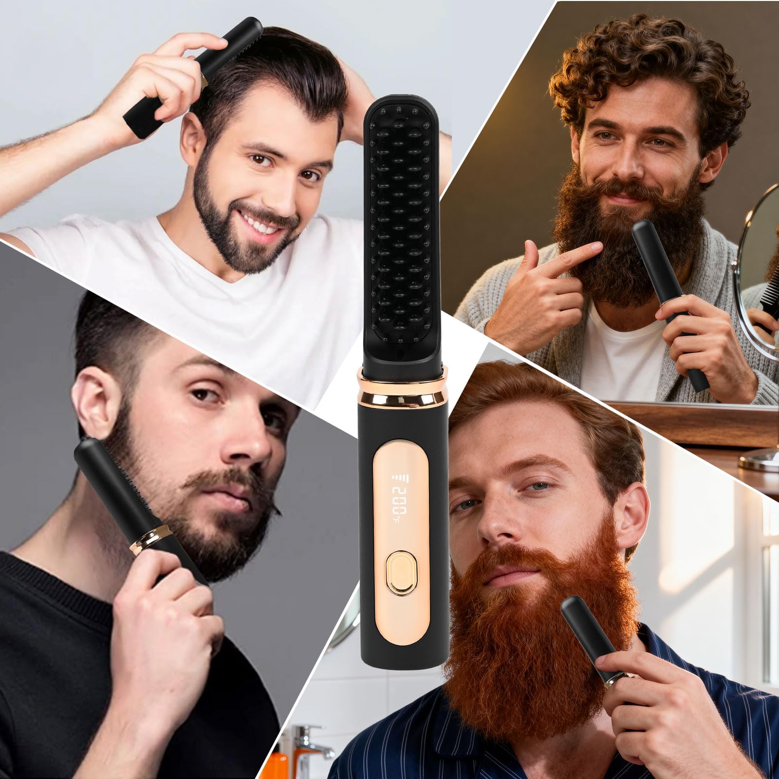 Zurligi Pettine lisciante per barba senza fili e spazzola lisciante per uomini o donne, riscaldamento rapido 15S, anti-scottatura, display a 4 TEM, spegnimento automatico, pettine portatile per