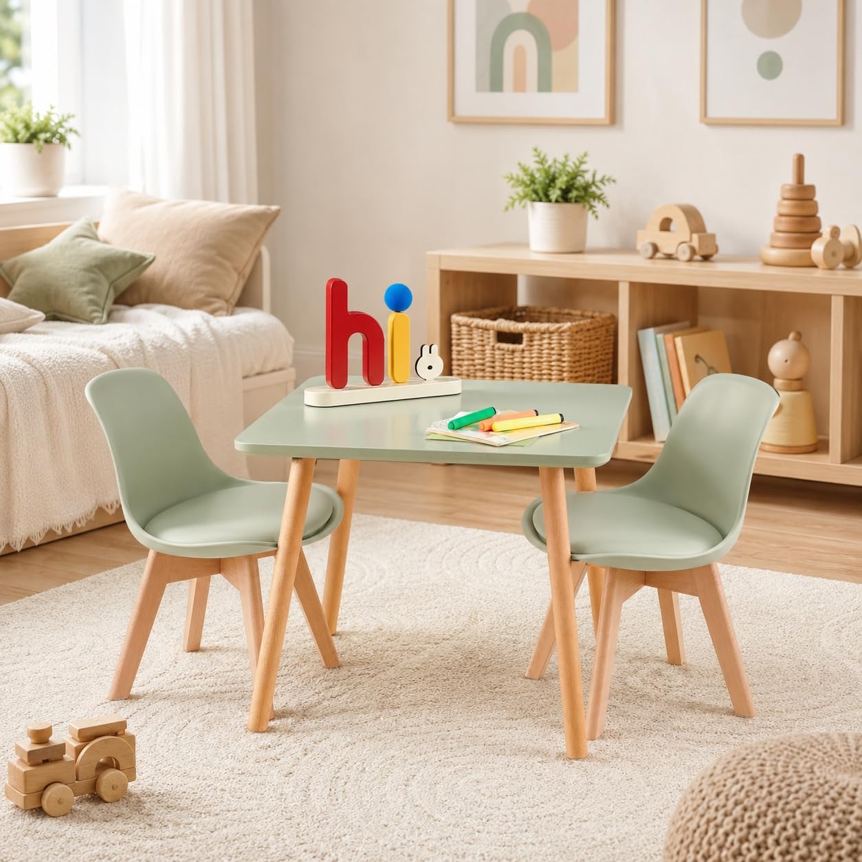 EGGREE Table et 2 chaises Enfant pour Chambre et crèche, Vert | Ensemble enfant 3 pièces : table 56 x 52 x 48 cm, 2 chaises, hêtre massif FSC, coins arrondis, assises faciles à essuyer.