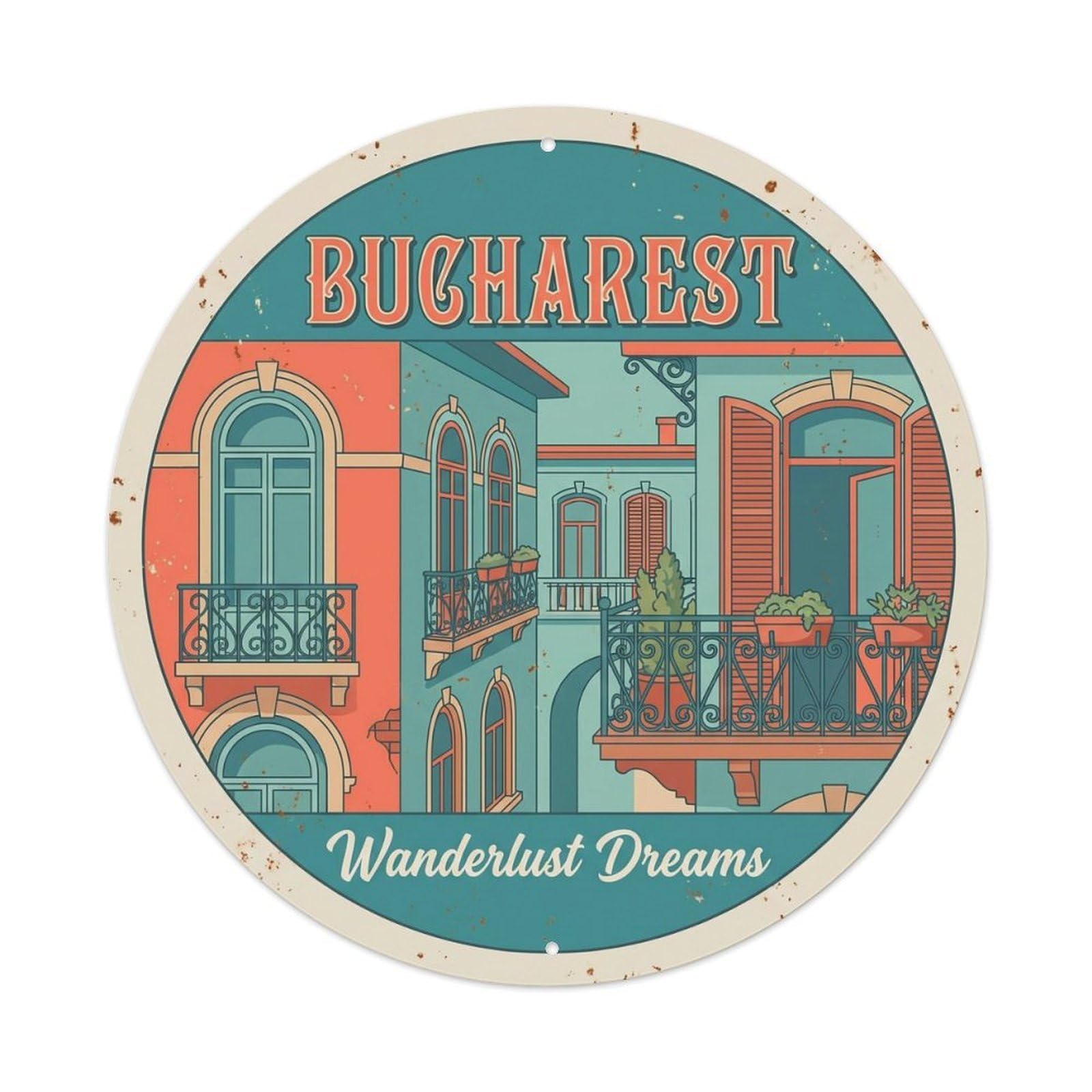 Fqcyn Style Vintage Travel Bucharest Oldtown Wanderlust Metal Tin Sign