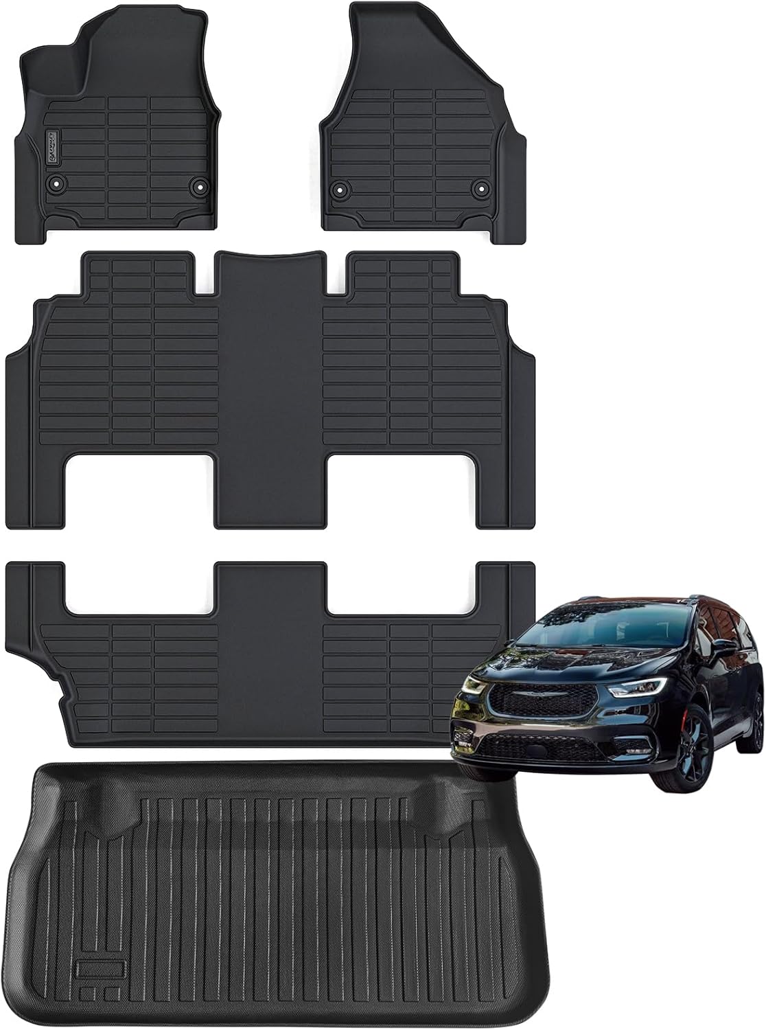 Photo 1 of  Floor Mats with Trunk Mat for 2017-2025 Chrysler Pacifica Hybrid Touring (Non Fit Pinnacle Model), TPE All Weather Car Floor Liners Cargo Liners Accessories-Black 