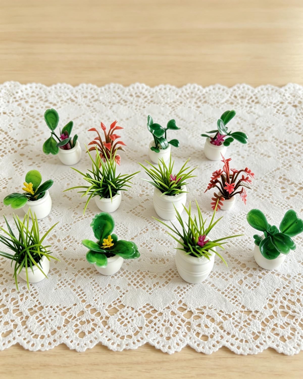 12 Pcs Miniature Potted Plants, 1:12 Scale Collectible Mini Artificial Flowers & Greenery in Pots, 7 Assorted Styles Tiny Faux Bonsai Craft Decor for Fairy Garden, Micro Landscape, DIY Terrarium image 2