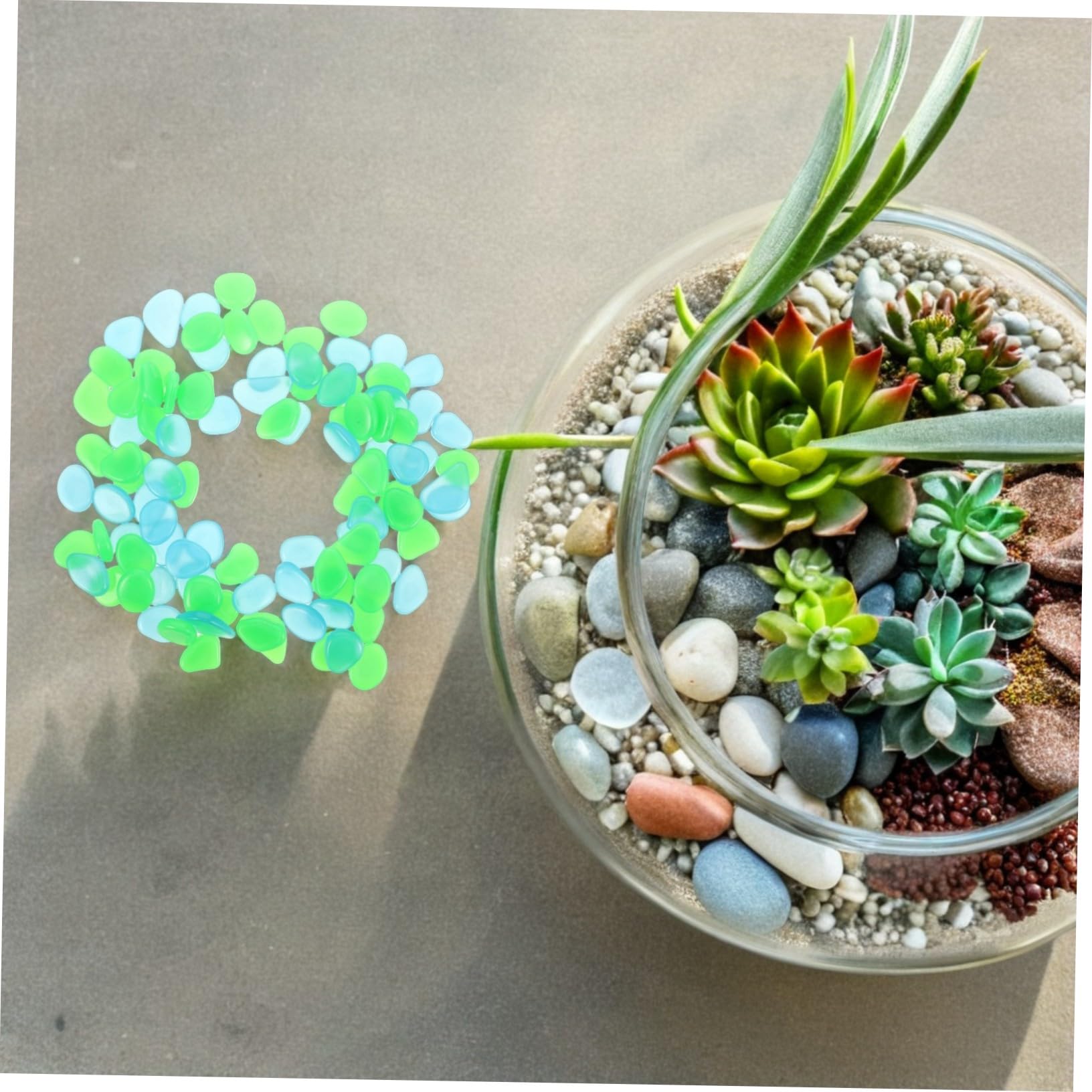 500 Piezas Piedras Luminosas para y Jardín Grava Decorativa Resistente al Agua para Peceras Decoración de Piscinas y Exteriores Guijarros Brillantes Azul y Verde para Paisajismo