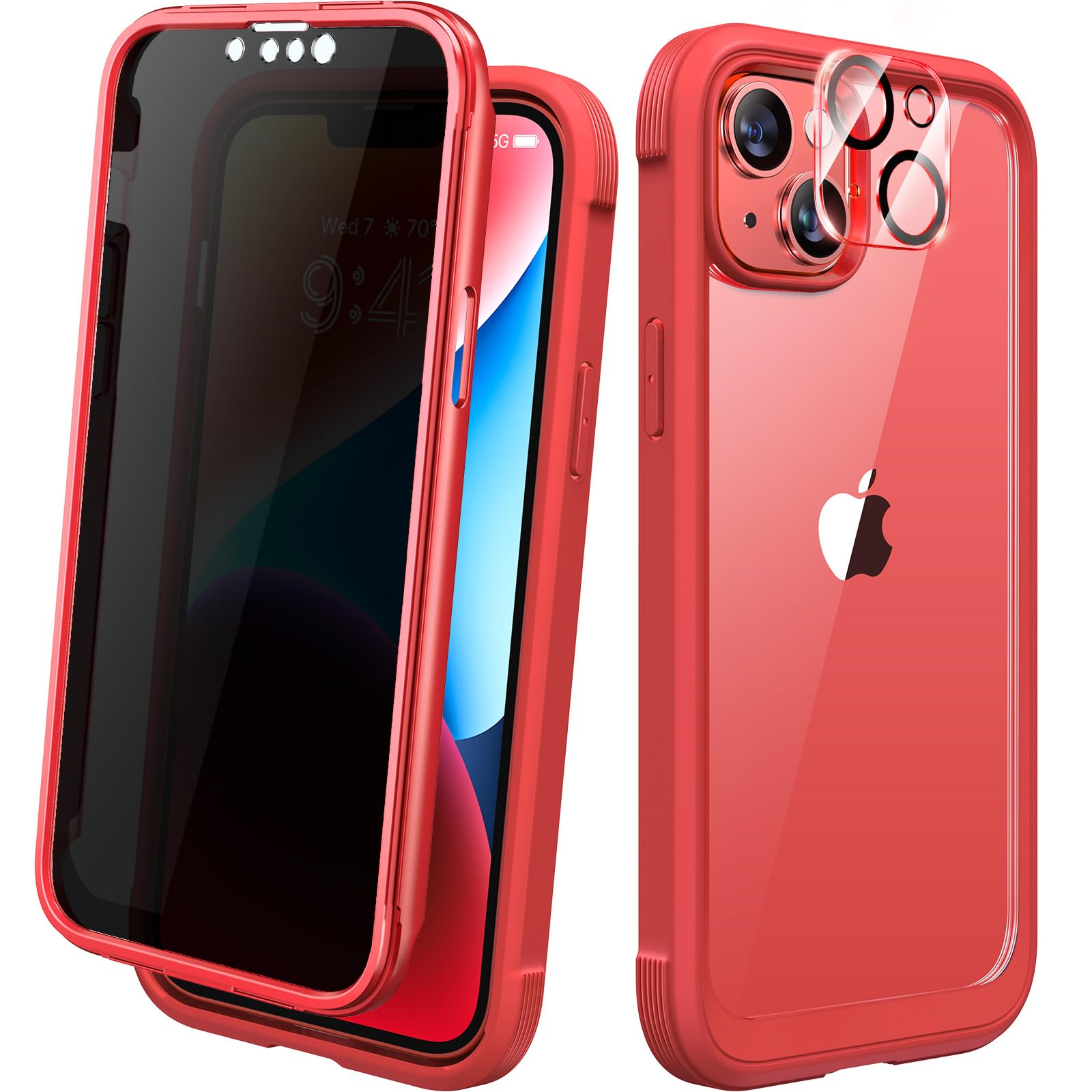 Diaclara Designed for iPhone 14 Case 6.1 Inch,Upgraded Full Body Rugged Clear Bumper Case with Built-in Privacy Screen Protector for iPhone 14,Red
