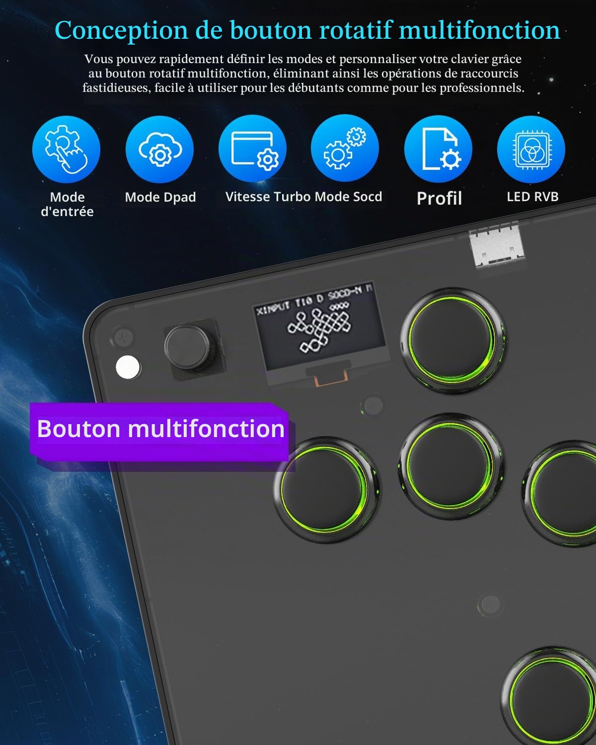 Arcade Fight Stick GM-16, Clavier de Jeu pour PC/Switch/PS4/PS3 | Arcade Stick Contrôleur d'arcade Tous Boutons avec Turbo et RVB personnalisé, Prise en Charge Hot Swap et SOCD/RGB/Turbo