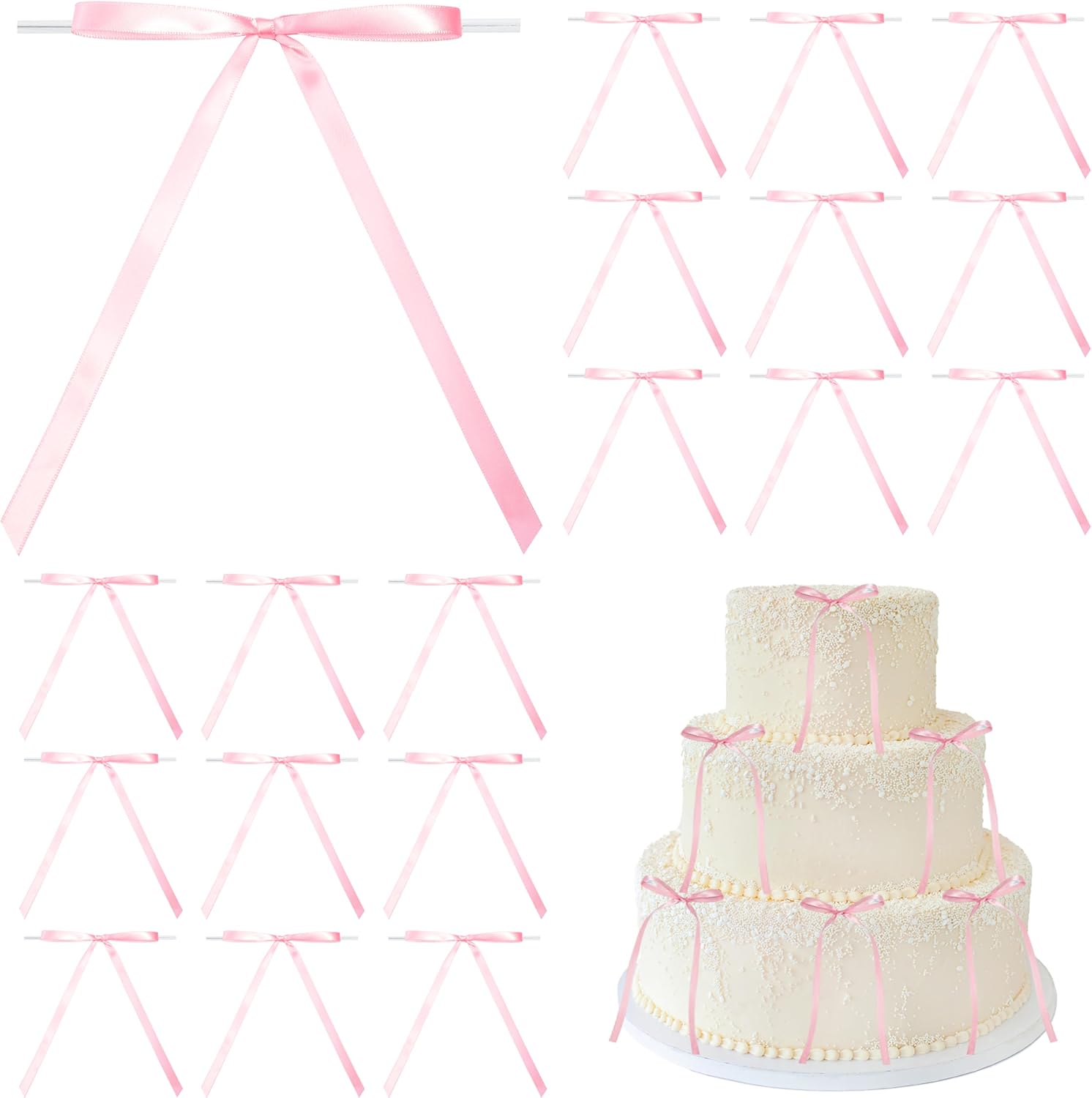 Pink Satin Ribbon Bows with Twist Tie, 5 x 7 Inch, 50 Pack
