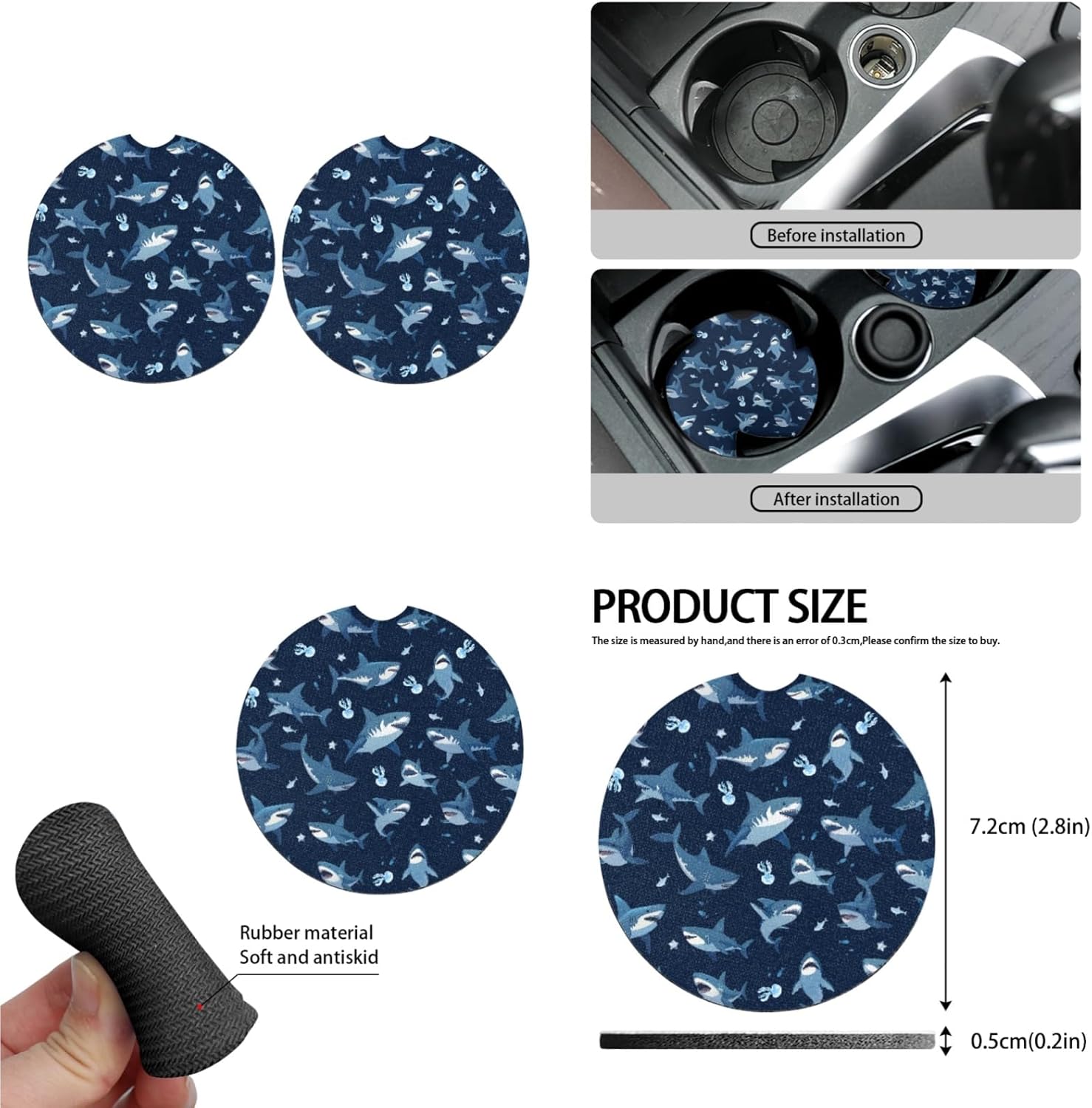 Cartoon Mini Shark 13 Pcs Seat Covers Full Set Front and Back Seat Covers Steering Wheel Cover Seatbelt Strap Cover Cup Mat Keychains(Navy Blue)