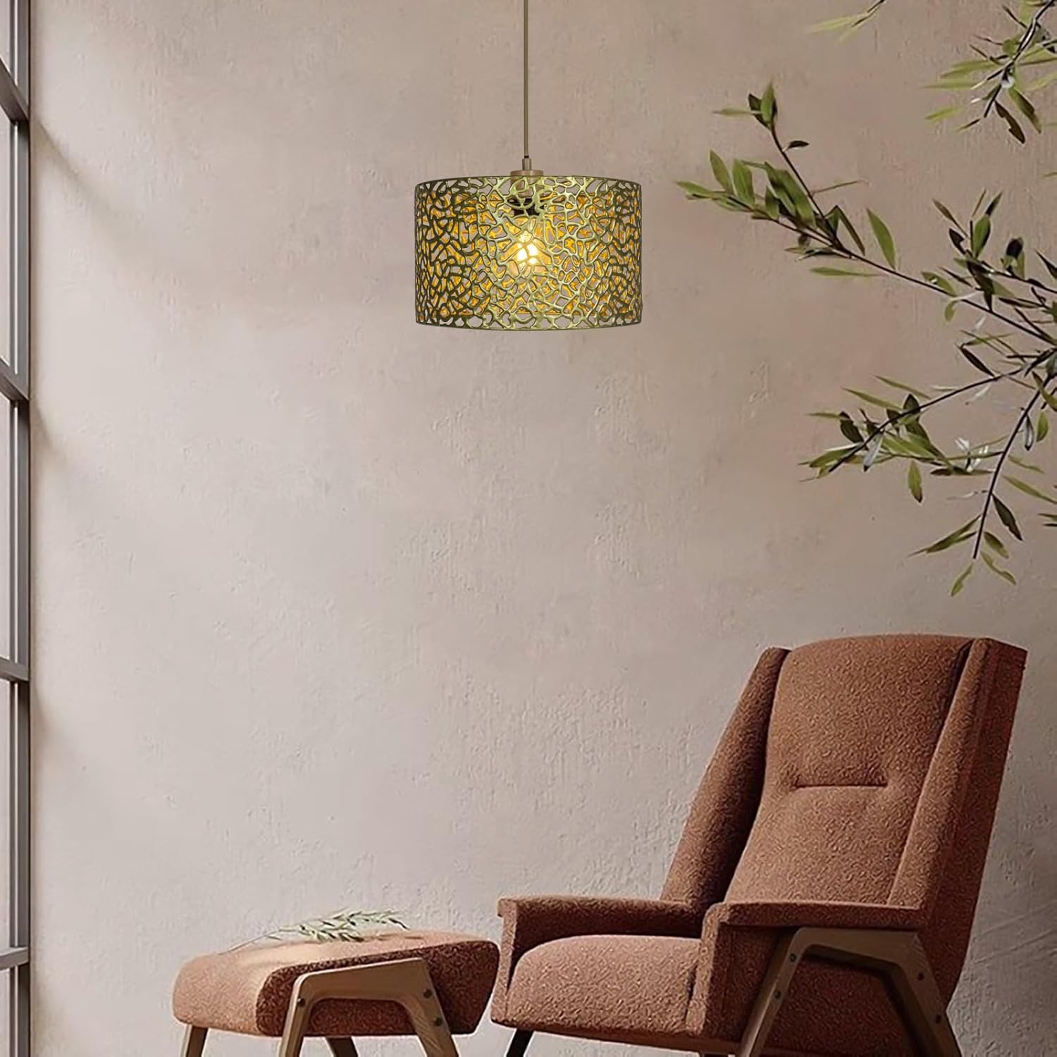 Drum lamp shades Gold metal shade,Hollow-out design Hand-crafted, Replacement shades For Floor,Chandelier,Table Living Room Bedroom Pendant lampshade (Geometric)