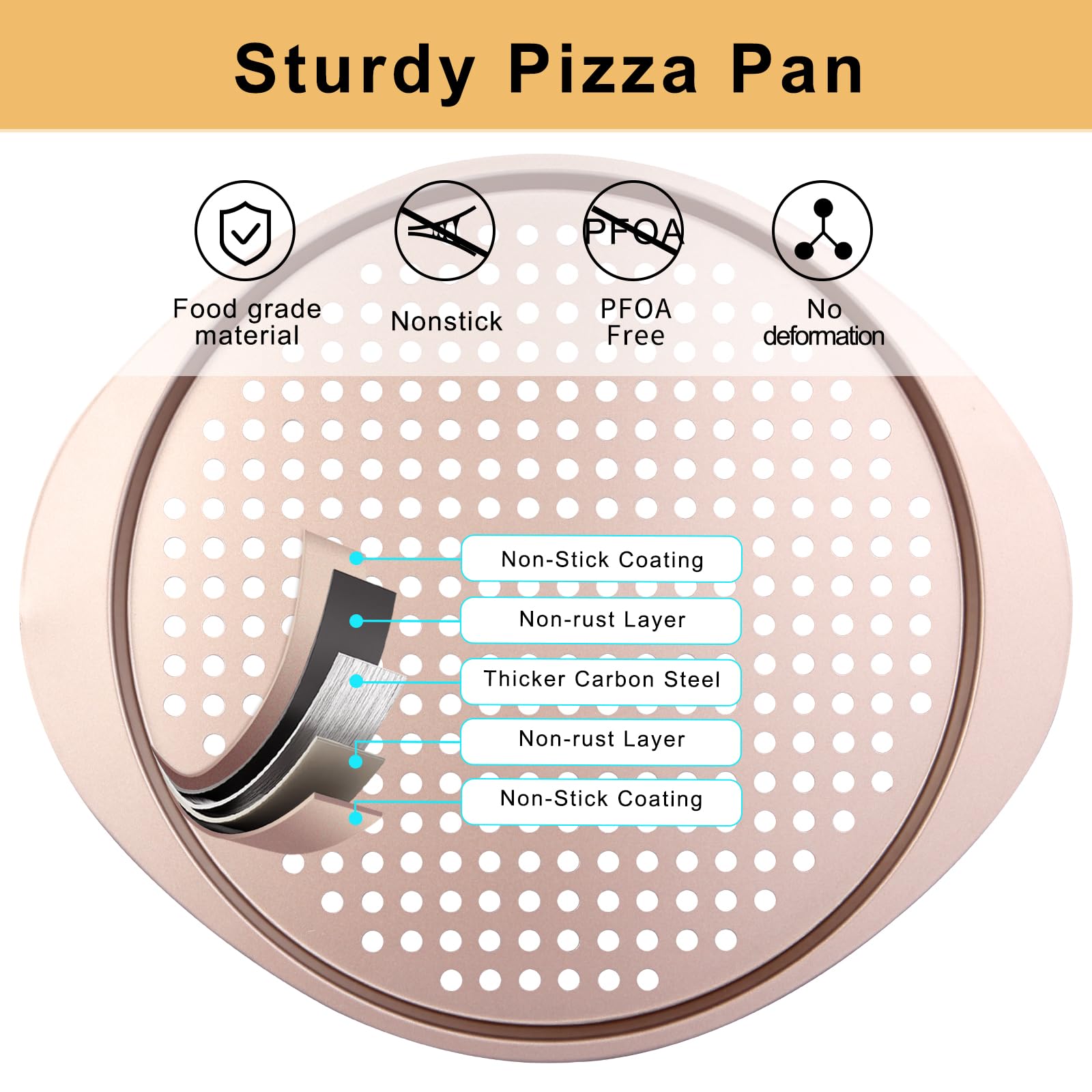 Barlket Pizza Pan, Pizza Pan with Holes 13 Inch Nonstick, Heavy Duty Round Perforated Pizza Tray Oven Safe, Even Heat for Crispy Homemade Pizza, Easy to Clean, Set of 2, Gold