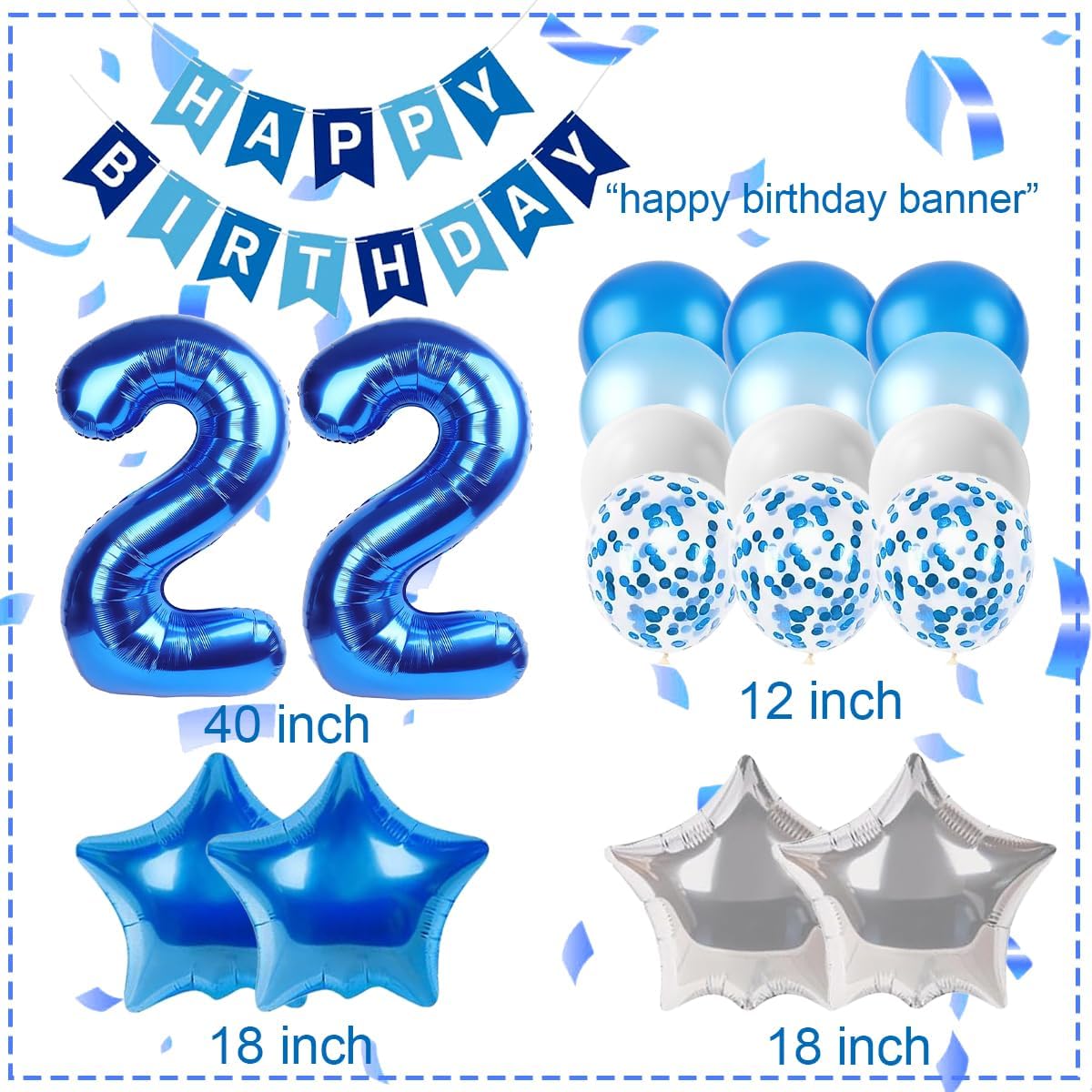 Happy 22 Birthday Decorations For Women Men, Blue Happy Birthday Banner, Blue 22 Balloon Number 40 Inch, 22 Birthday Balloons For Blue Birthday Decorations image 2