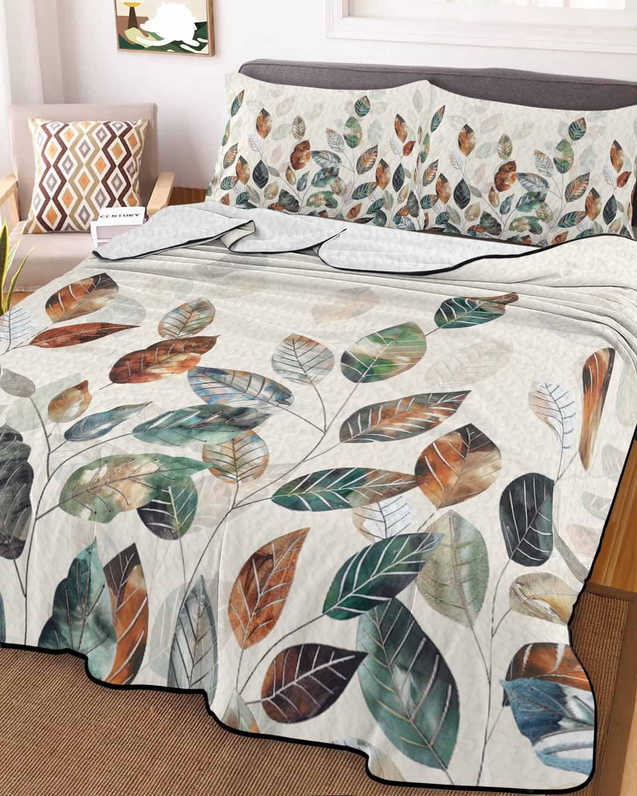LOT BASIC 3-Piece Summer Quilt Twin XL Size, Teal Brown Botanical Lightweight Cooling Bedding Comforter Blanket with 2 Pillow Shams, Pastoral Fall Leaf Bedspreads Quilted Coverlet Sets 68
